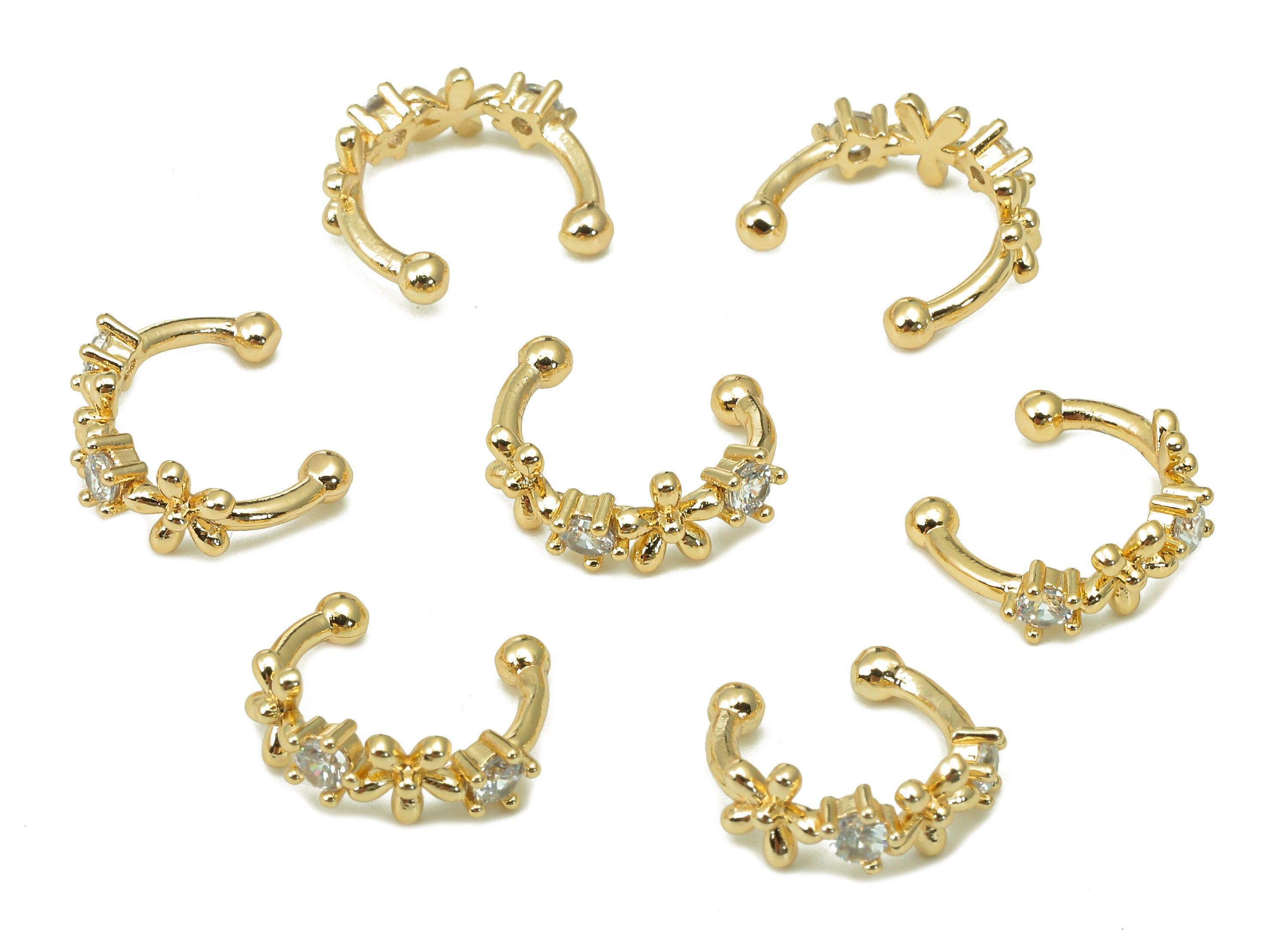 Brass Flower Open Round C Ring - Septum Ring With Zircon - Cartilage Earring - 18K Real Gold Plated Brass - 14.23x11.34x2.13mm - RGP5458 - DOMEDBAZAAR
