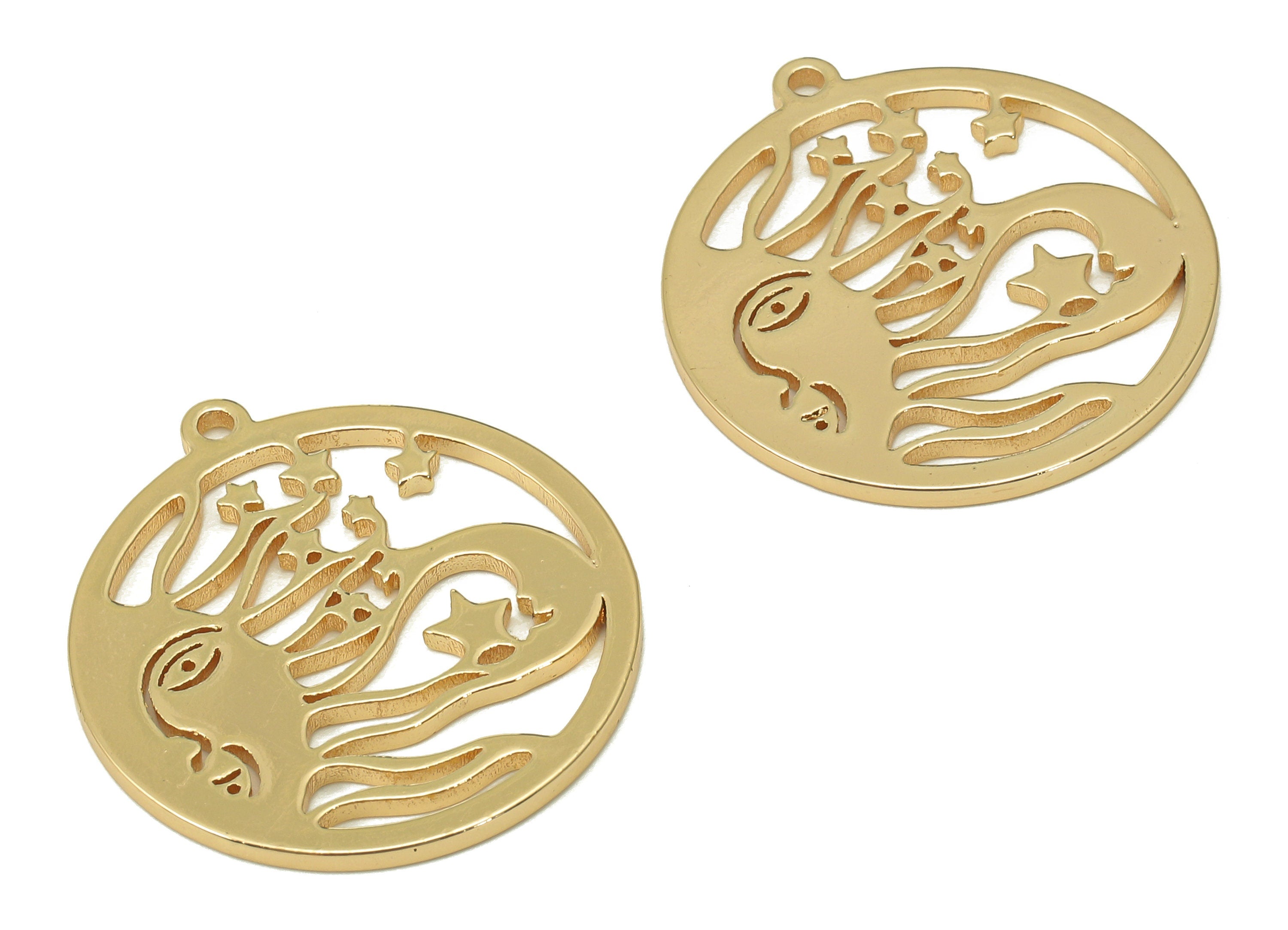 Brass Round Star Earring Charms - Crescent Circle Pendant - Sun Face Pendant With Loop - 18K Real Gold Plating - 25.6x23.5x1.23mm - RGP5459 - DOMEDBAZAAR