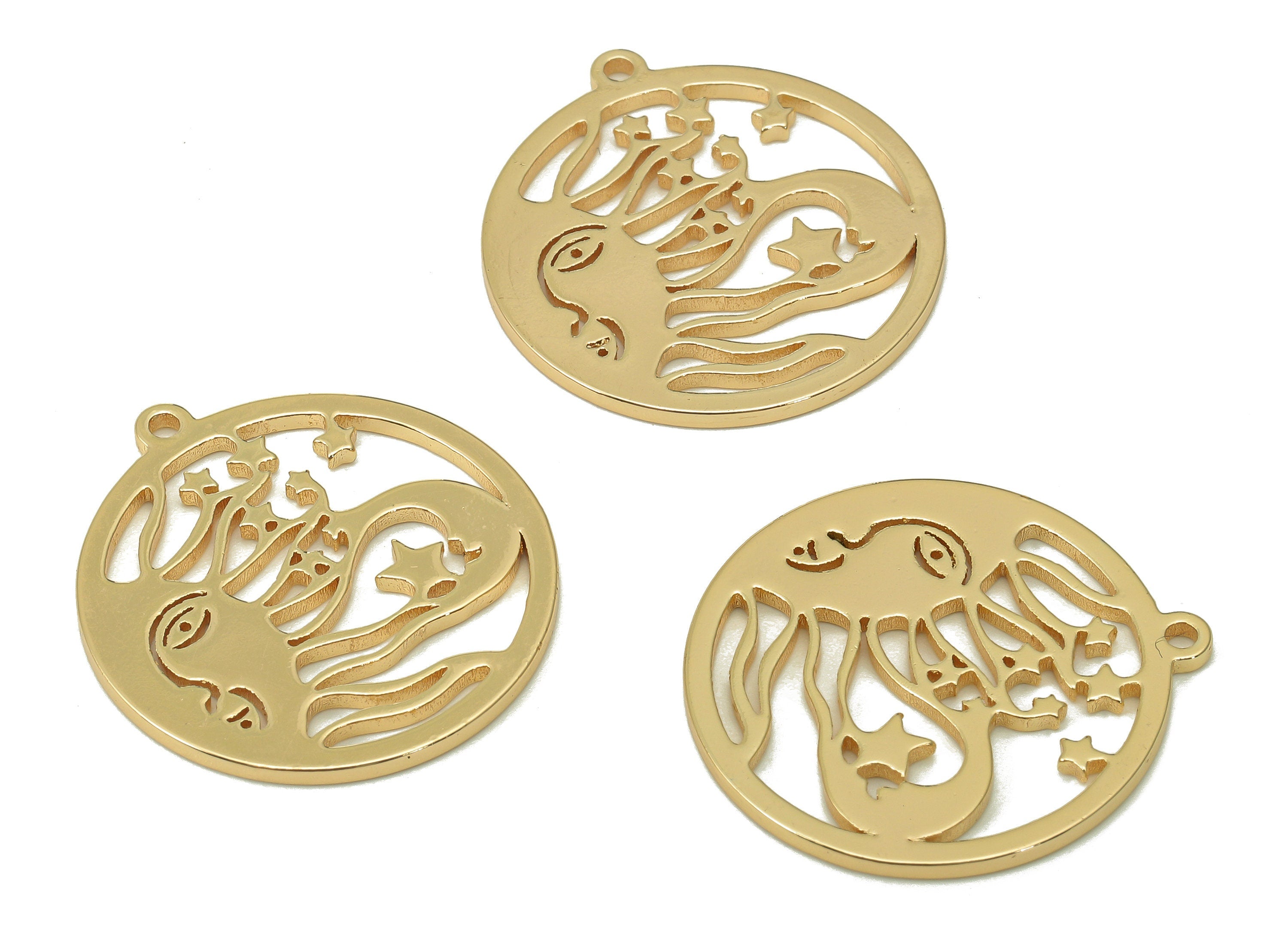 Brass Round Star Earring Charms - Crescent Circle Pendant - Sun Face Pendant With Loop - 18K Real Gold Plating - 25.6x23.5x1.23mm - RGP5459 - DOMEDBAZAAR