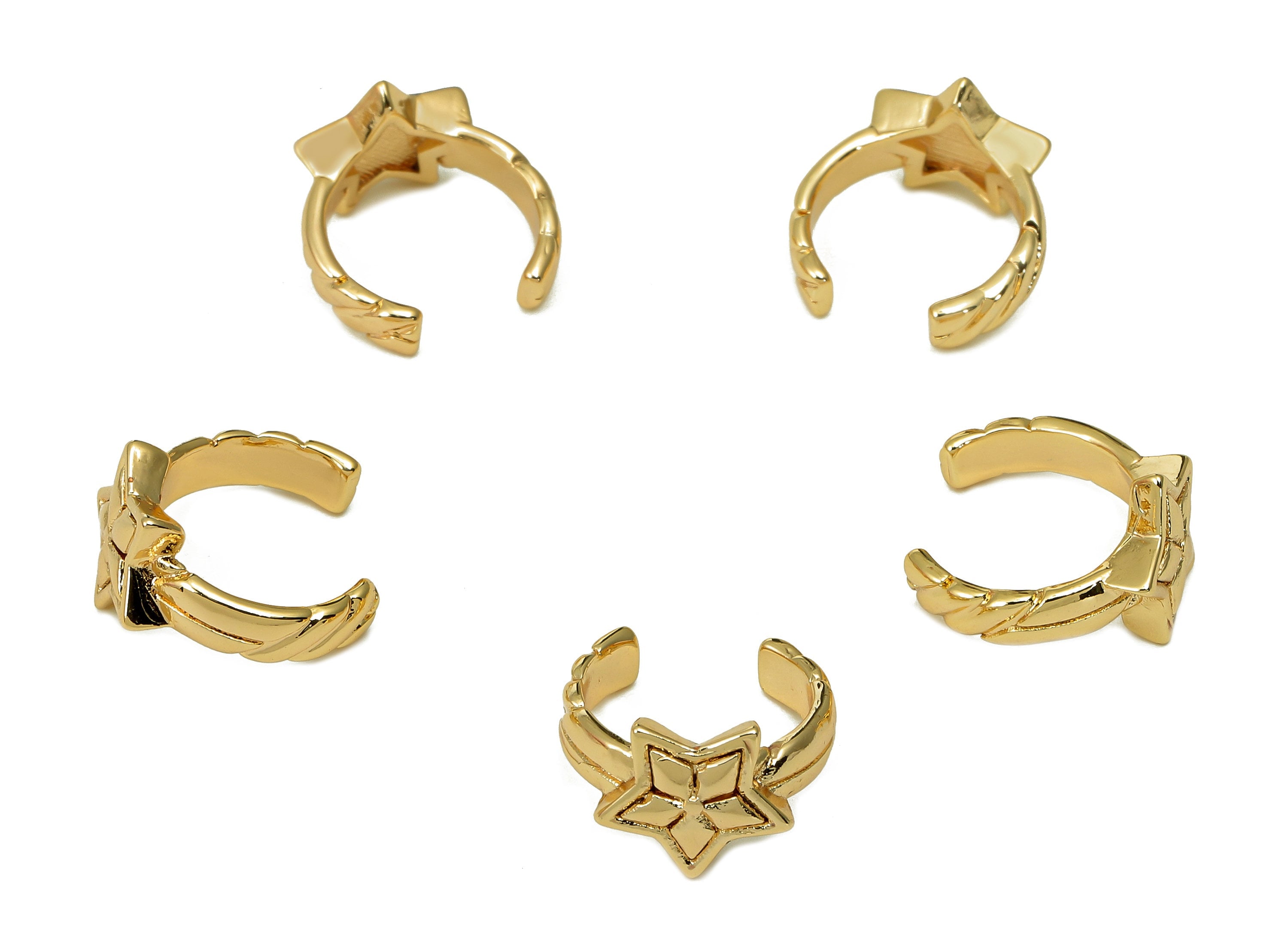 Brass Star Open Round C Ring - Textured Earring Cuff - Semicircle Hoop Ear Cuff - 18K Real Gold Plating Cuff Ear - 12.2x12.2x2.2mm - RGP5461 - DOMEDBAZAAR