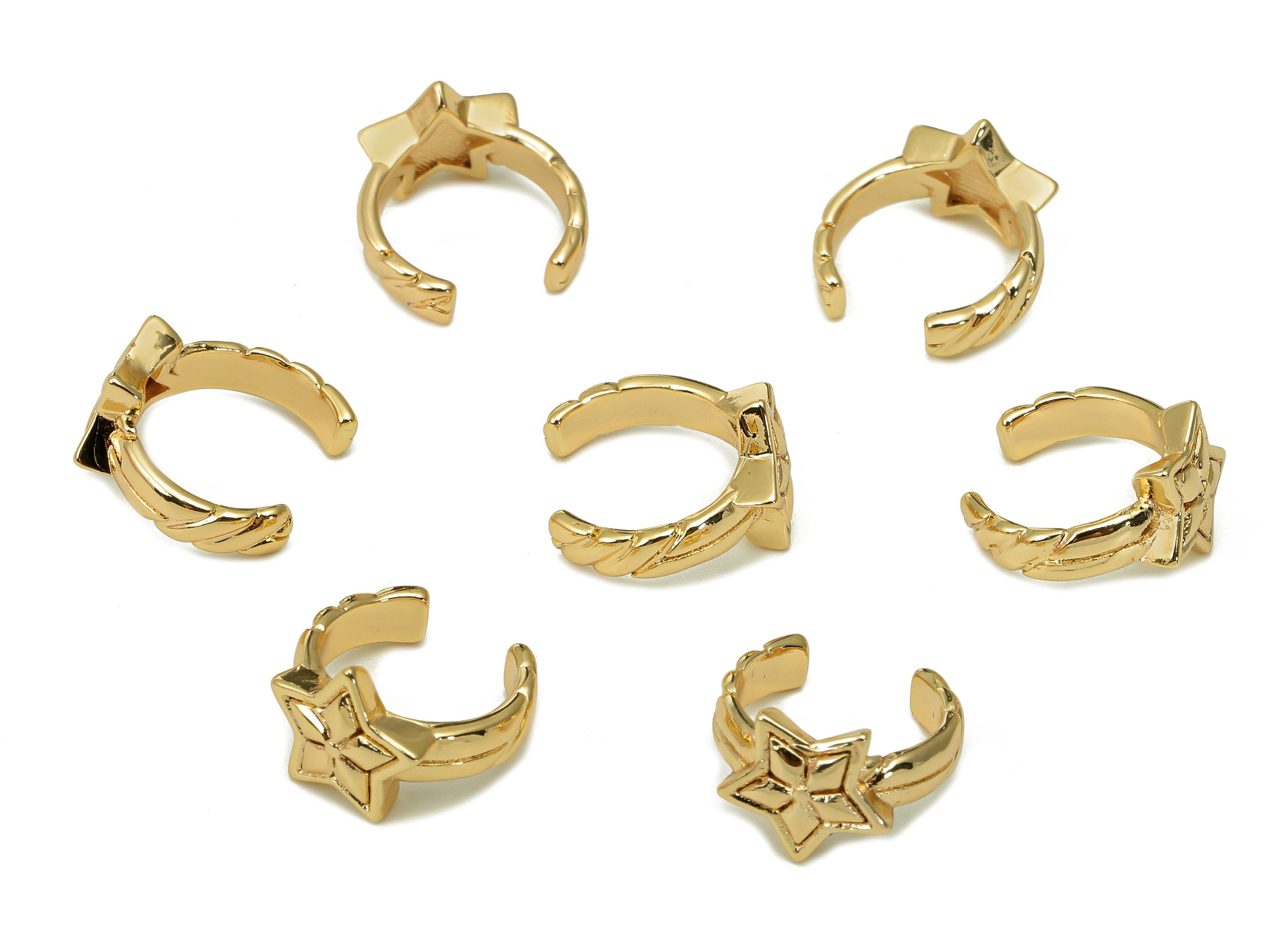 Brass Star Open Round C Ring - Textured Earring Cuff - Semicircle Hoop Ear Cuff - 18K Real Gold Plating Cuff Ear - 12.2x12.2x2.2mm - RGP5461 - DOMEDBAZAAR