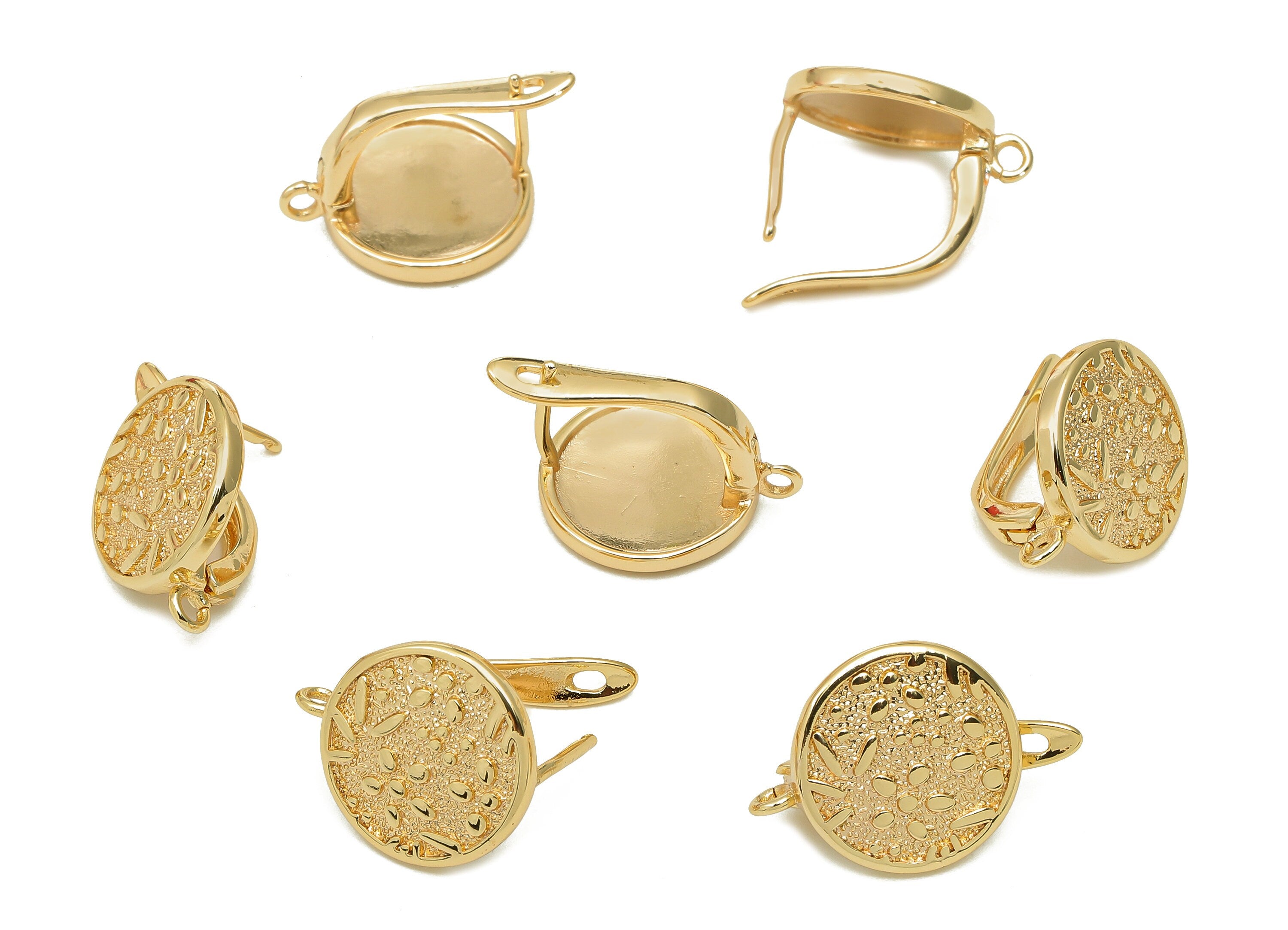 Brass Round Earring Clasp - Round Clasps Earring With Loop - Textured Circle Dots Clasps - 18K Real Gold Plating - 19.9x13.4x1.5mm - RGP5488 - DOMEDBAZAAR