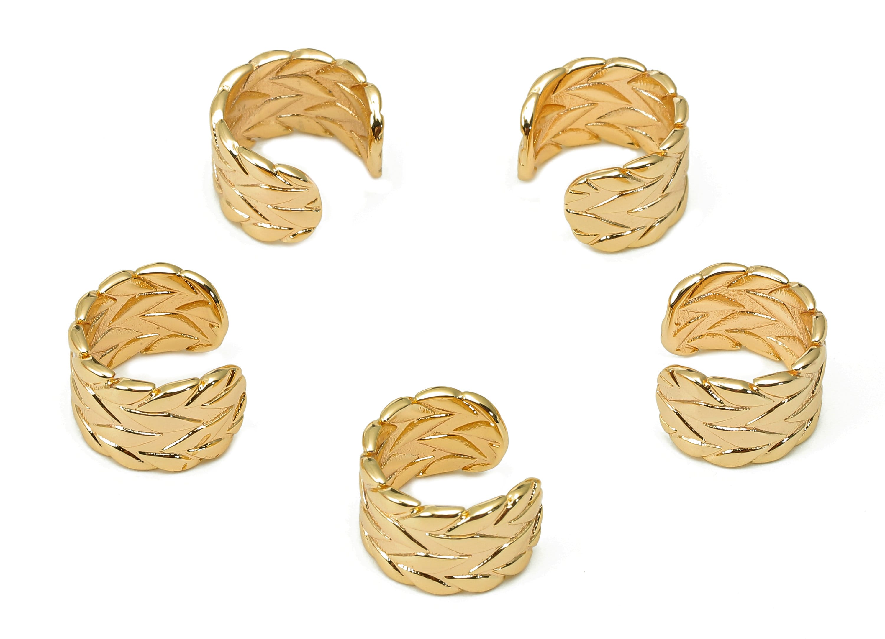 Brass Leaves Open Round C Ring - Leaf Wide Ear Clip - Textured Hoop Earring Cuff - 18K Real Gold Plating Cuff Ear - 11.7x10.8x1mm - RGP5487 - DOMEDBAZAAR