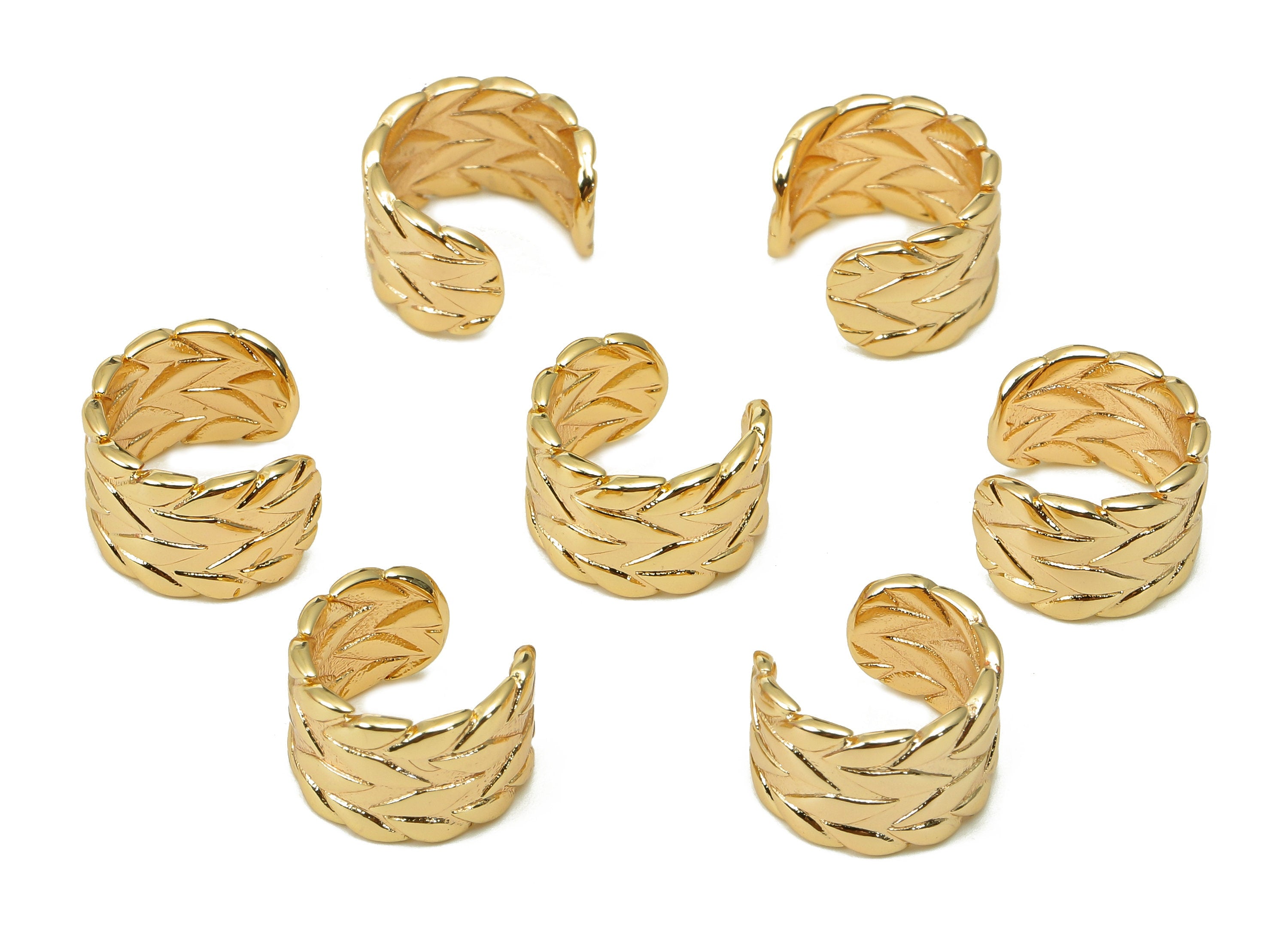 Brass Leaves Open Round C Ring - Leaf Wide Ear Clip - Textured Hoop Earring Cuff - 18K Real Gold Plating Cuff Ear - 11.7x10.8x1mm - RGP5487 - DOMEDBAZAAR