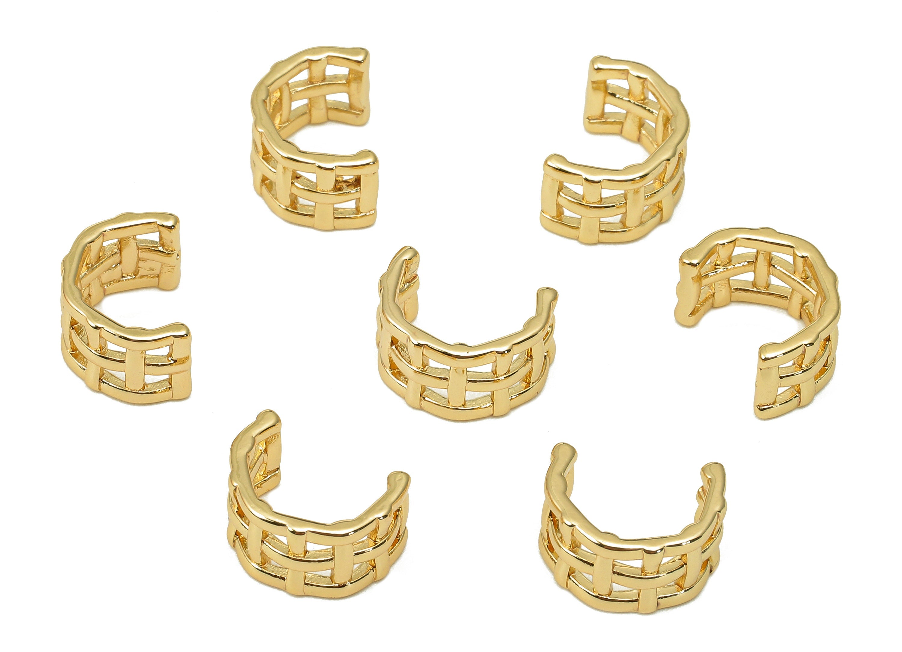 Brass Woven Open Round Ring - Square Hollow Hoop Earring Cuff - Wide C Ear Cuff - 18K Real Gold Plating Cuff Ear - 11.2x8.1x1.2mm - RGP5486 - DOMEDBAZAAR
