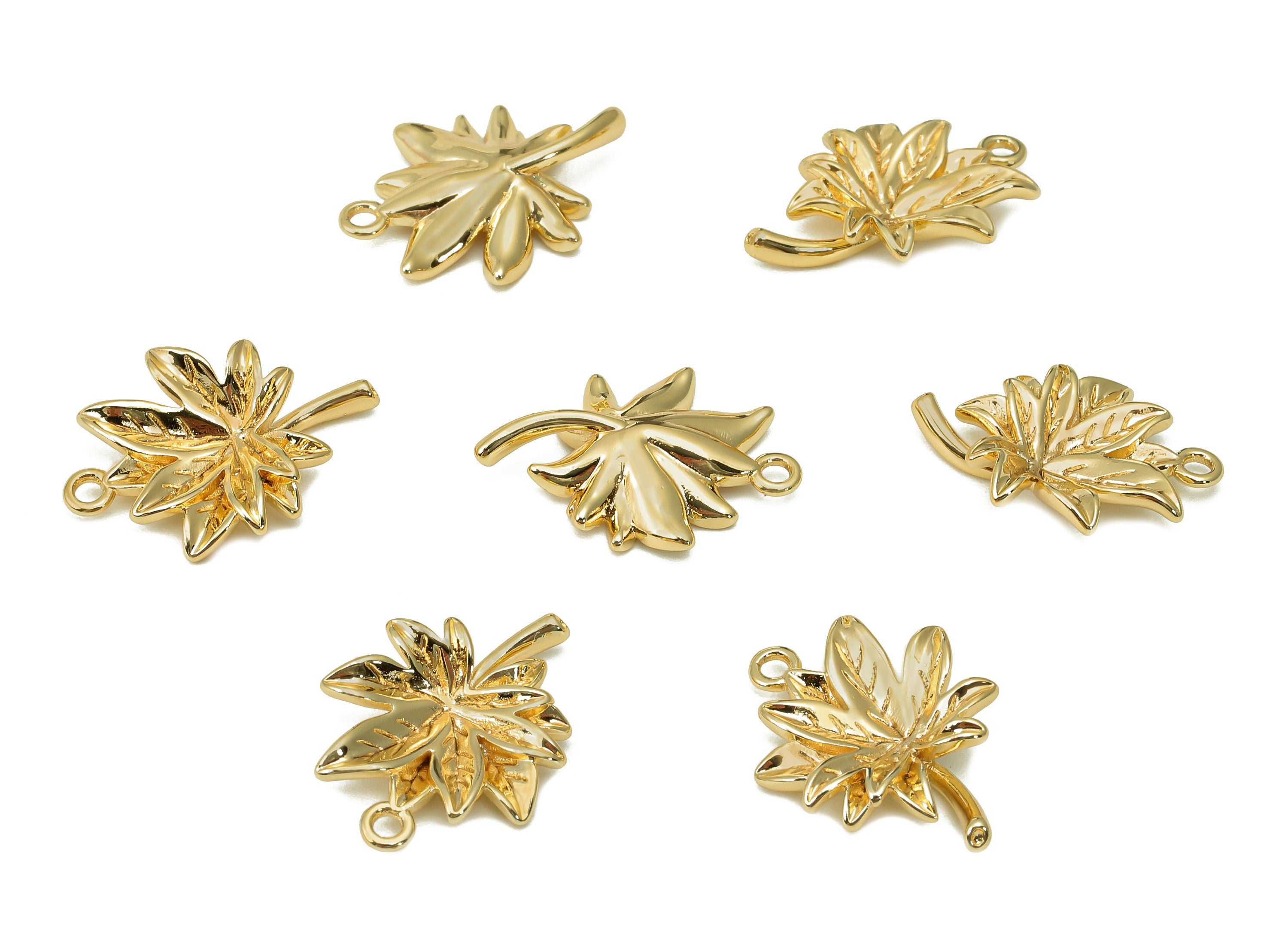Brass Leaf Earring Charm - Gold Leaves Earring - Maple Leaf Pendant With Loop - 18K Real Gold Plating Charm - 18.8x14.1x3.3mm - RGP5484 - DOMEDBAZAAR