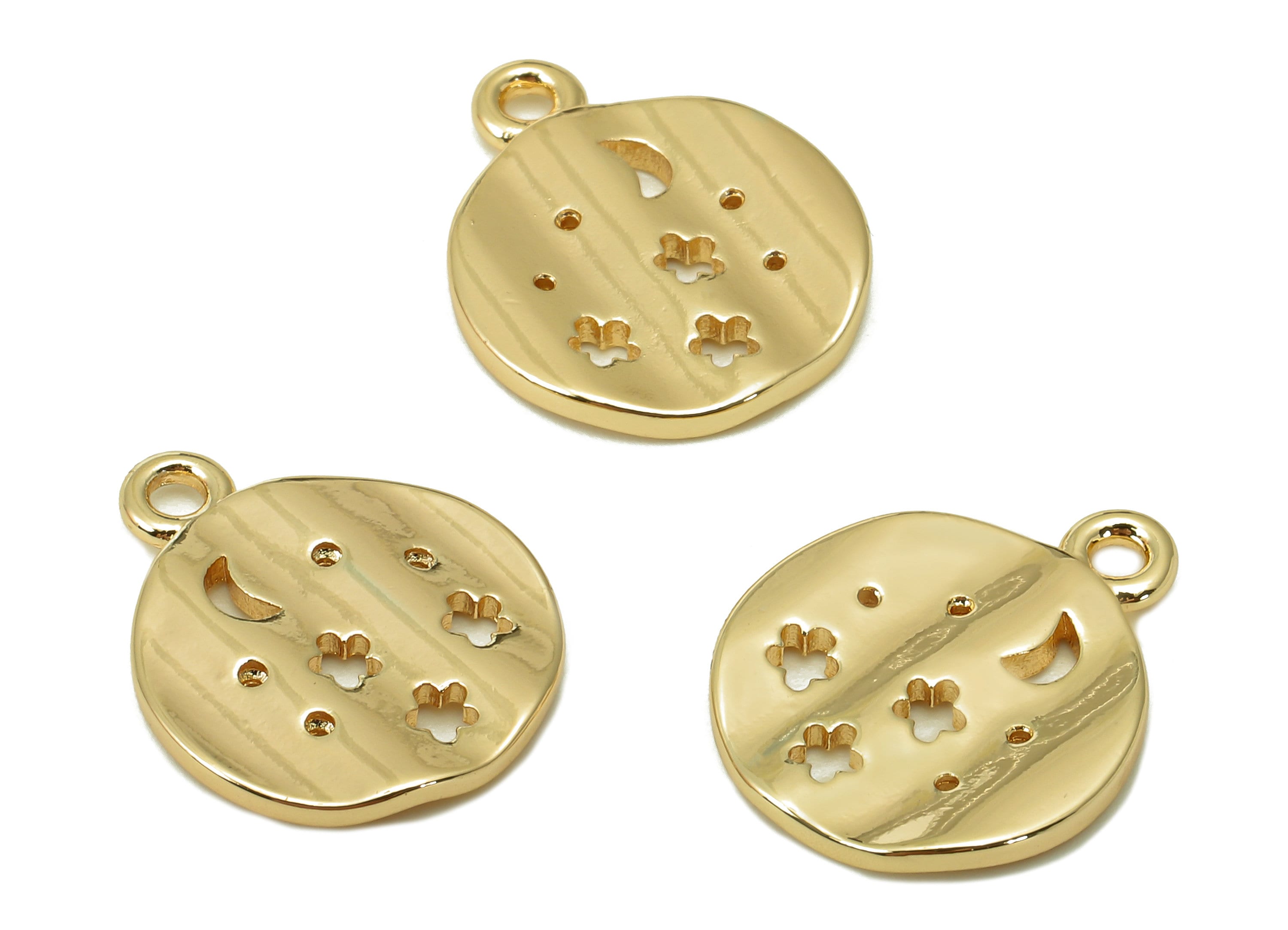 Brass Round Star Earring Charm - Circle Star Crescent Hollow Earring - Pendant With Loop - 18K Real Gold Plating - 16.9x13.7x1.8mm - RGP5480 - DOMEDBAZAAR