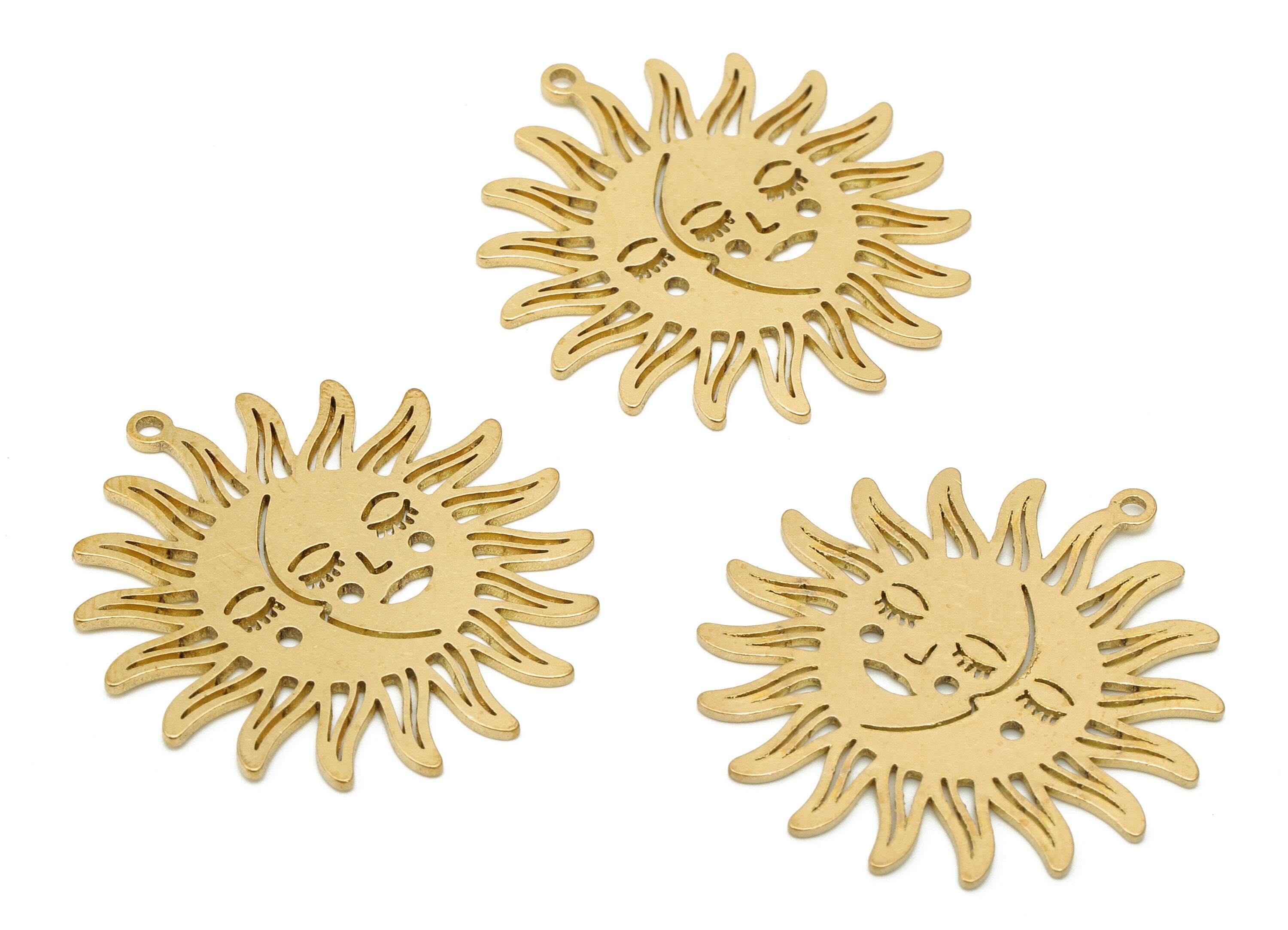 Brass Sun Face Earring Charms - Raw Brass Face Earring - Pendant With Loop - Sun Face Charm For Necklace - 34.3x32x0.8mm - PPA6087 - DOMEDBAZAAR