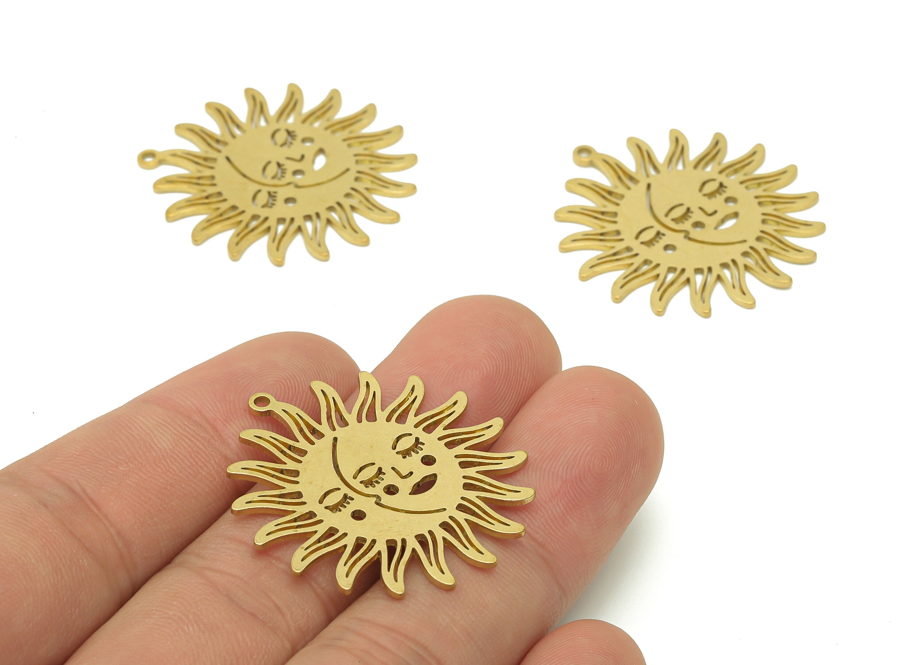 Brass Sun Face Earring Charms - Raw Brass Face Earring - Pendant With Loop - Sun Face Charm For Necklace - 34.3x32x0.8mm - PPA6087 - DOMEDBAZAAR