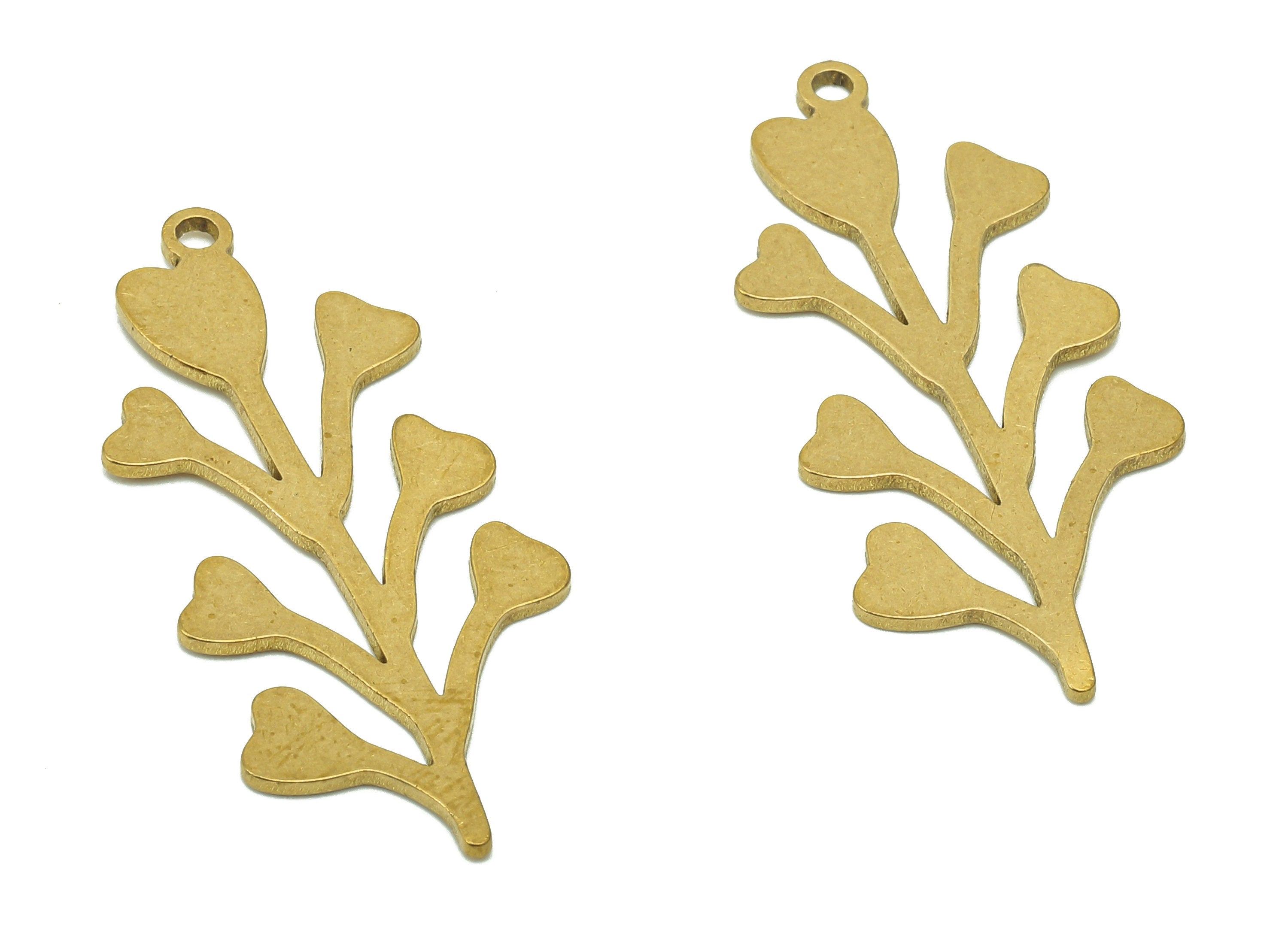 Brass Flower Earring Charms - Raw Brass Plant Earring - Branch Pendant With Loop - Botanical Charm For Necklace - 34.8x15.2x0.8mm - PPA6207 - DOMEDBAZAAR