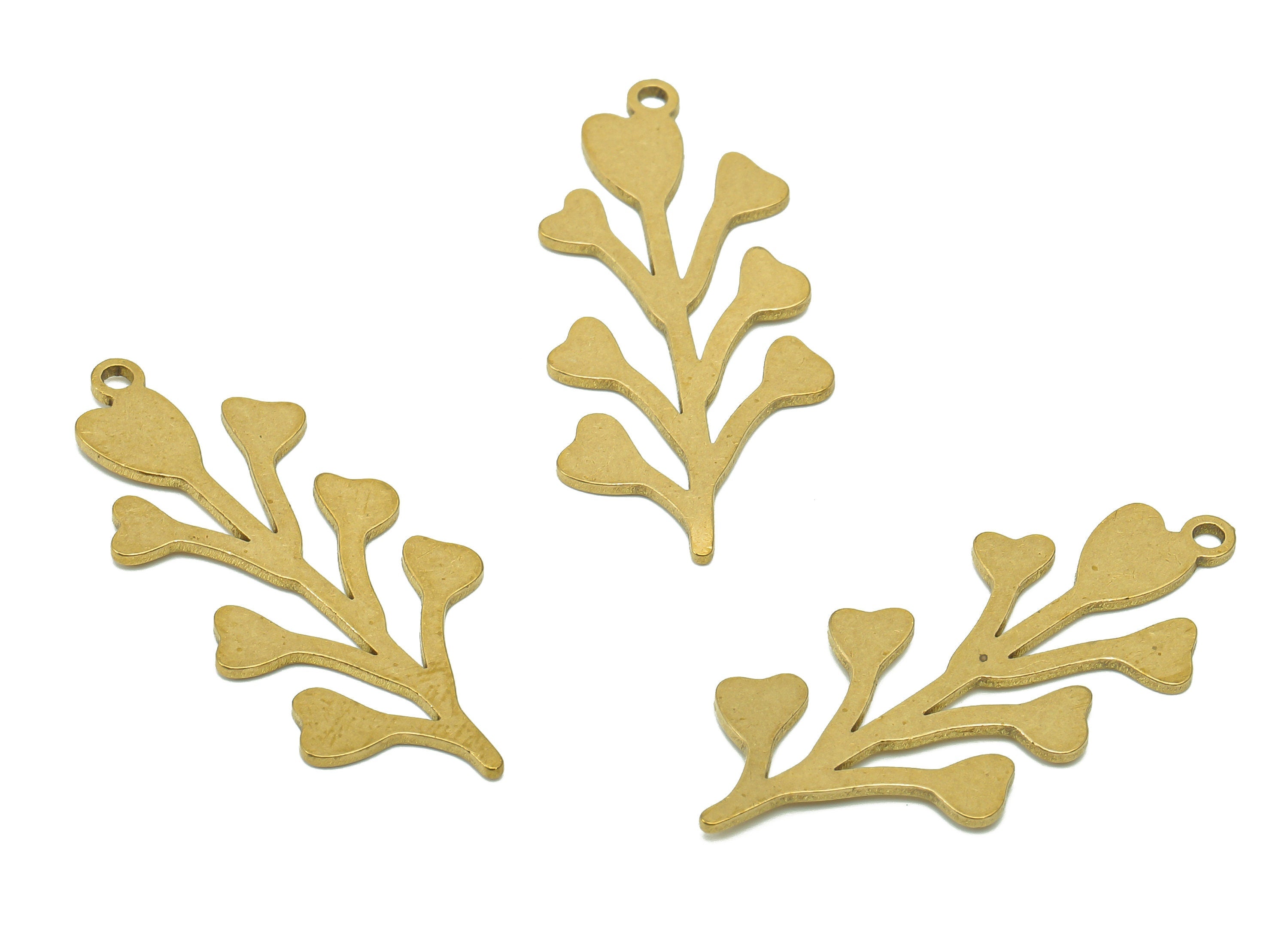 Brass Flower Earring Charms - Raw Brass Plant Earring - Branch Pendant With Loop - Botanical Charm For Necklace - 34.8x15.2x0.8mm - PPA6207 - DOMEDBAZAAR