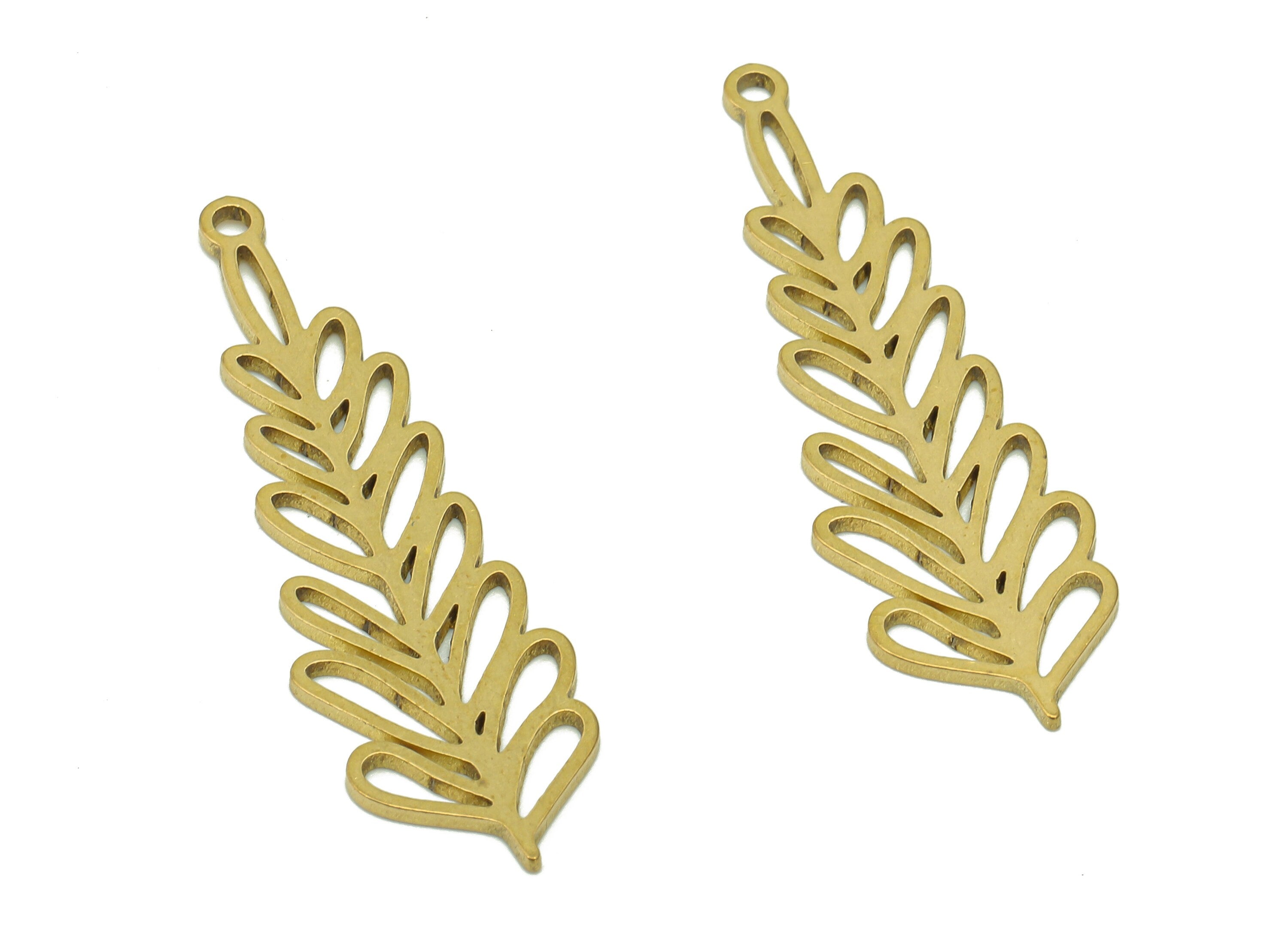 Brass Leaves Earring Charms - Raw Brass Leaf Earring - Branch Pendant With Loop - Botanical Charm For Necklace - 37.9x11.3x0.9mm - PPA6209 - DOMEDBAZAAR