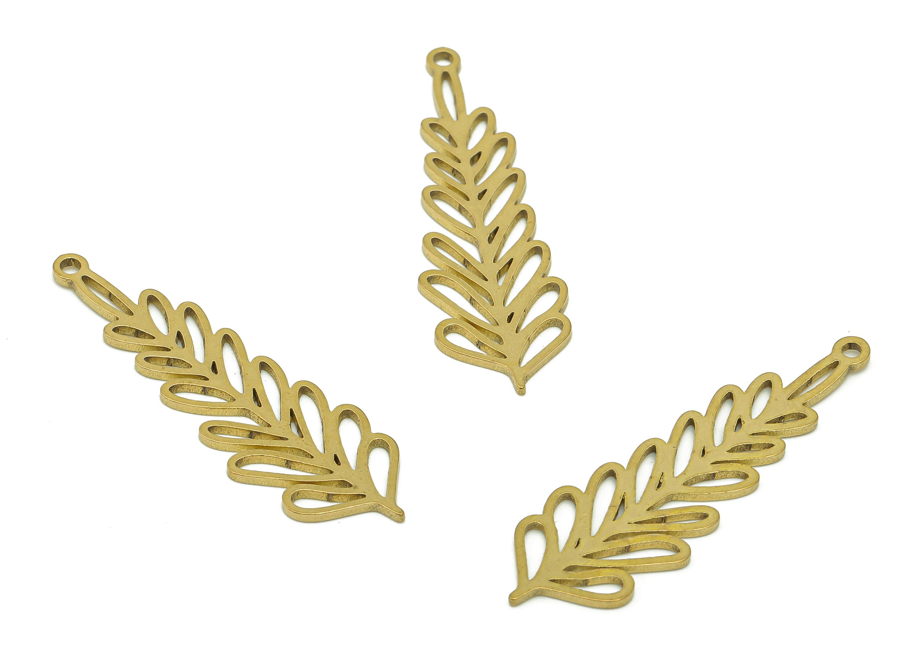 Brass Leaves Earring Charms - Raw Brass Leaf Earring - Branch Pendant With Loop - Botanical Charm For Necklace - 37.9x11.3x0.9mm - PPA6209 - DOMEDBAZAAR