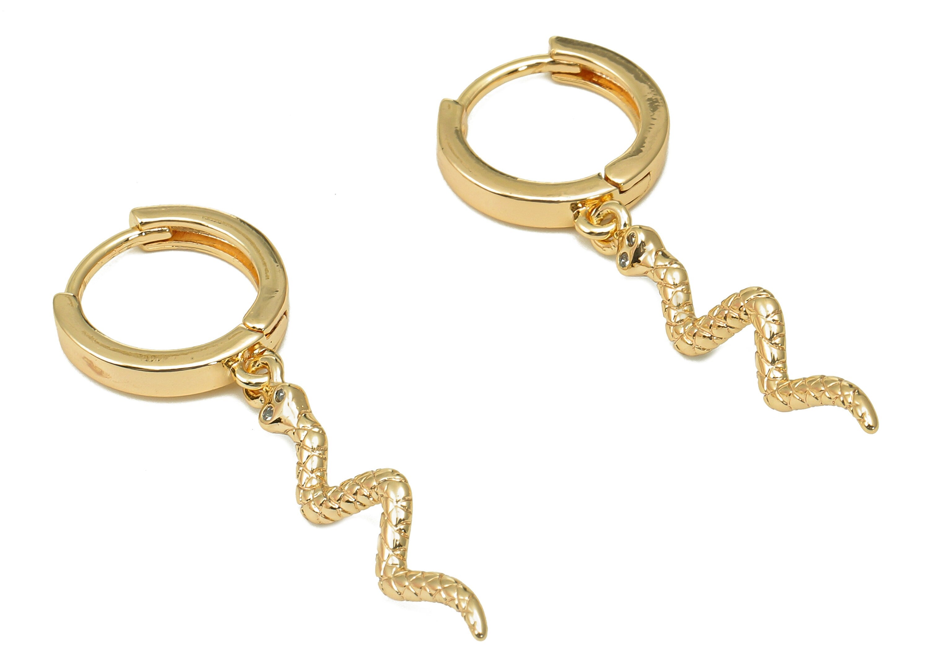 Brass Round Earring Clasps - Huggie Hoop With Dots Snake Pendant - Snake Earring Clasp - 18K Real Gold Plating - 39x13.5x2.36mm - RGP5478 - DOMEDBAZAAR