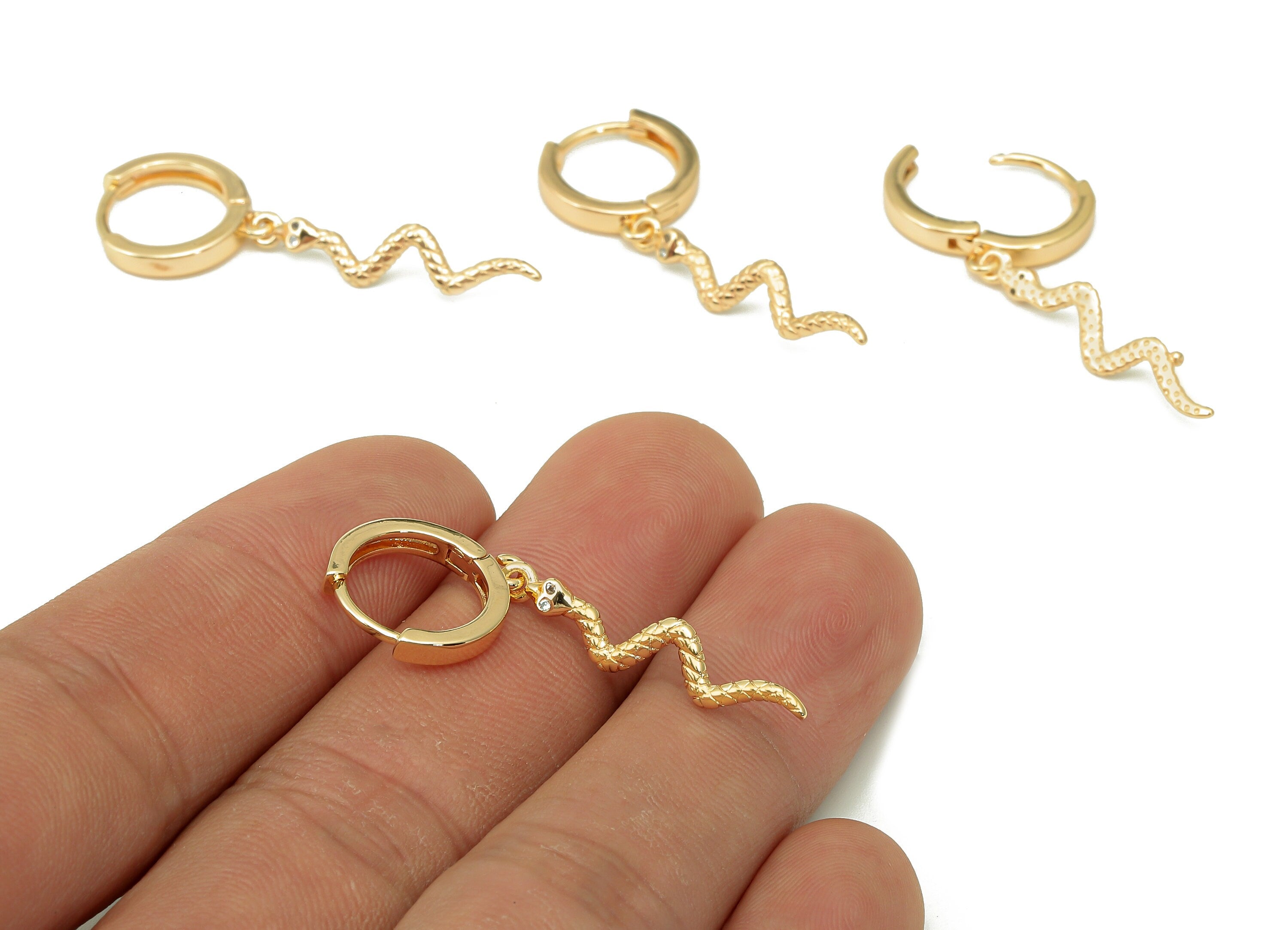 Brass Round Earring Clasps - Huggie Hoop With Dots Snake Pendant - Snake Earring Clasp - 18K Real Gold Plating - 39x13.5x2.36mm - RGP5478 - DOMEDBAZAAR
