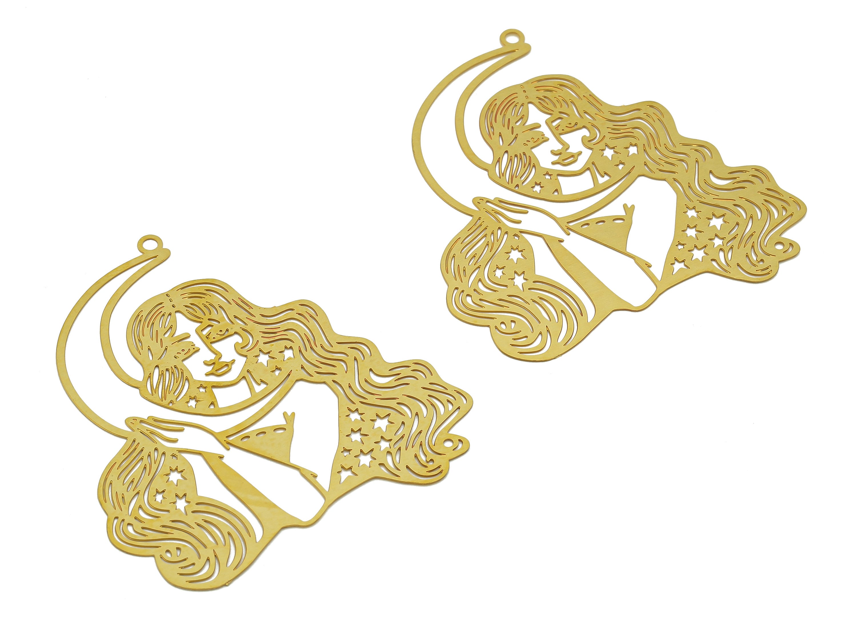 Brass Crescent Girl Earrings Charm - Raw Brass Girl Moon Star Earring - Pendant With Loop - Light Thin Charms - 42.5x38.4x0.3mm - JJB7138 - DOMEDBAZAAR