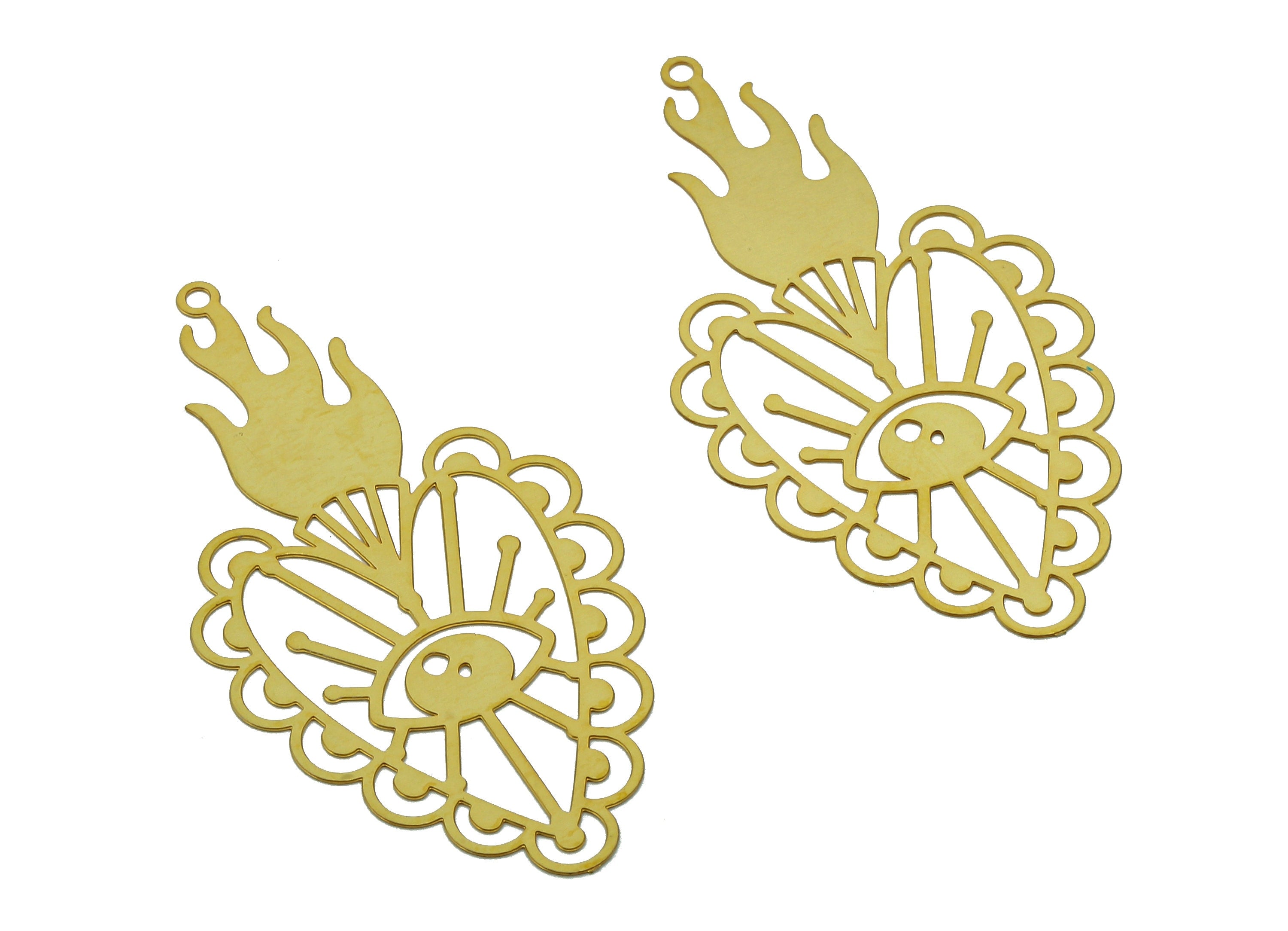 Brass Eye Flame Heart Charm - Raw Brass Eyelash Flower Earring - Fire Pendant With Loop - Light Thin Charms - 50.4x25.3x0.3mm - JJB7283 - DOMEDBAZAAR