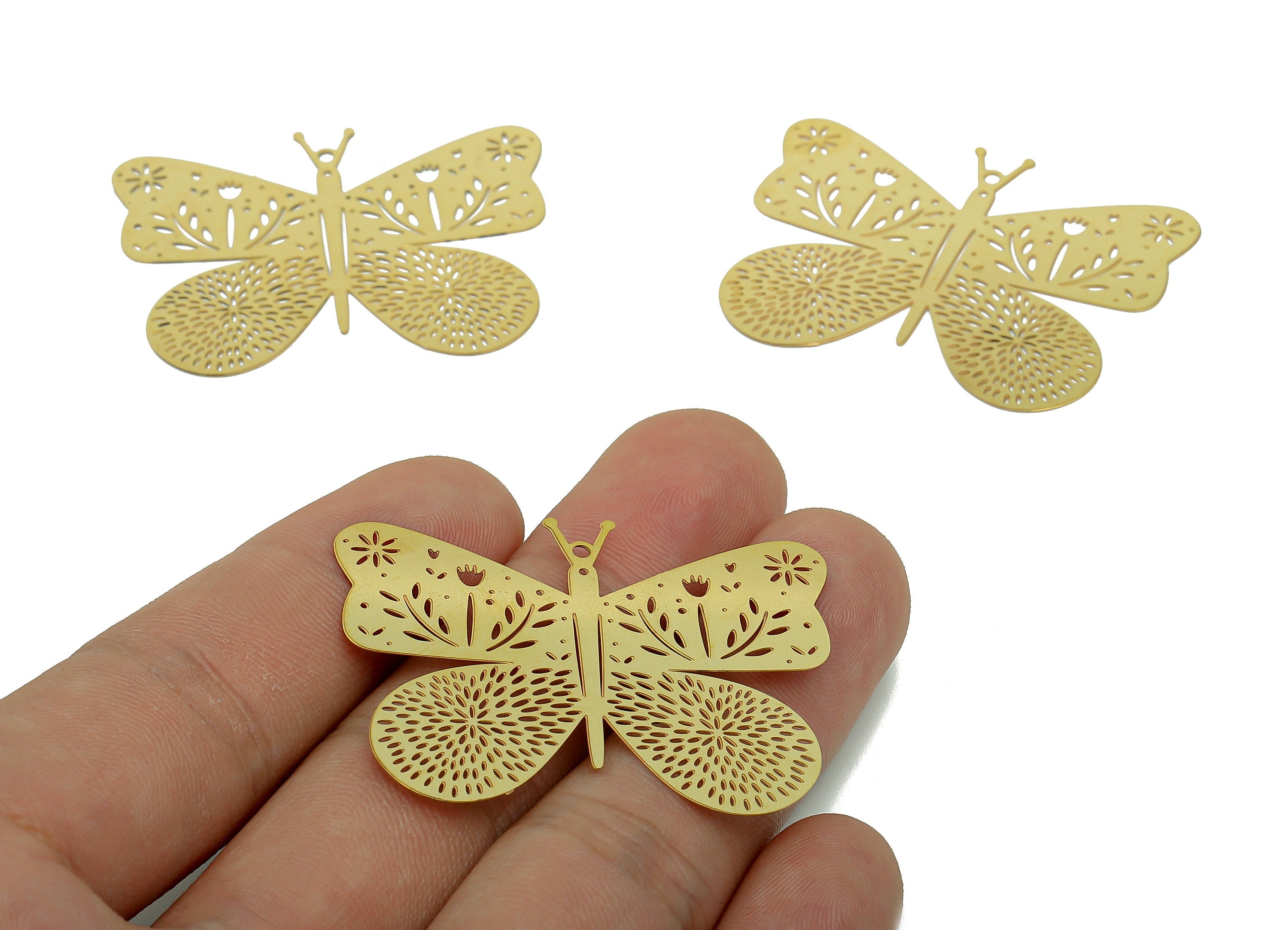 Brass Flower Butterfly Earrings Charm - Raw Brass Dots Leaves Earring - Leaf Pendant With Loop - Light Thin Charms - 43x33.2x0.3mm - JJB7284 - DOMEDBAZAAR