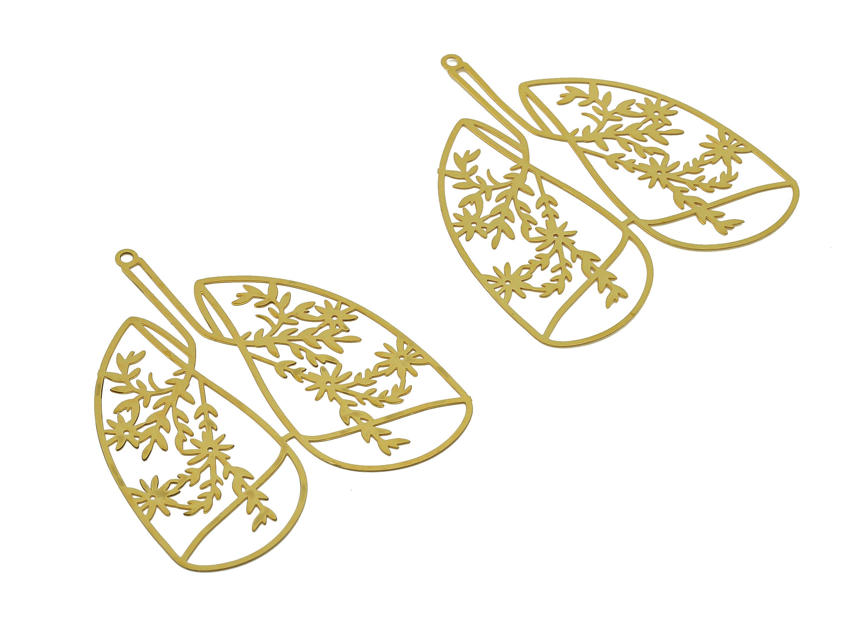 Brass Flower Lung Earrings Charm - Raw Brass Leaf Organ Earring - Leaves Pendant With Loop - Light Thin Charms - 45.3x39.8x0.2mm - JJB7285 - DOMEDBAZAAR
