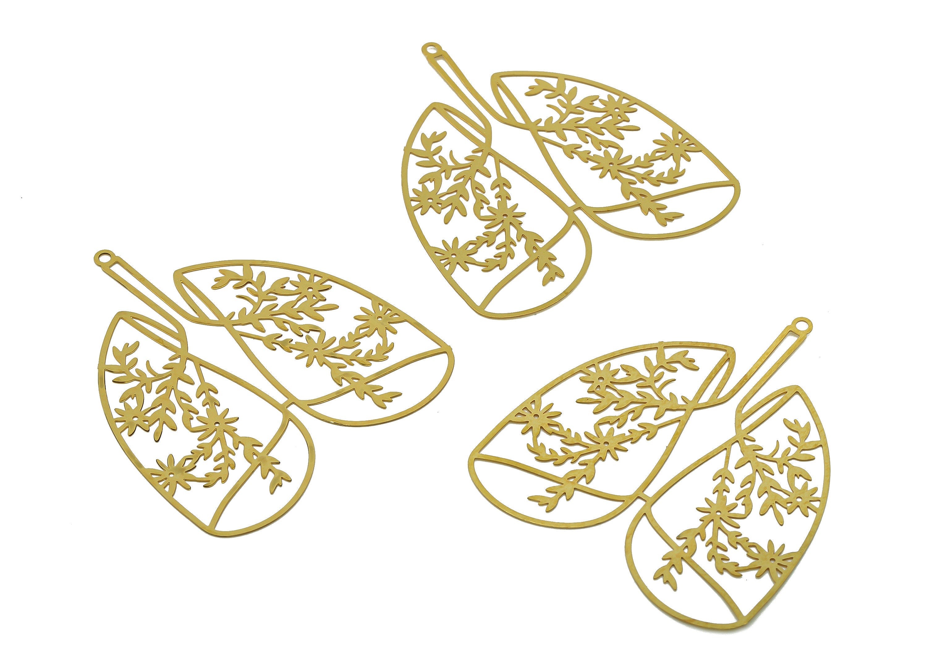 Brass Flower Lung Earrings Charm - Raw Brass Leaf Organ Earring - Leaves Pendant With Loop - Light Thin Charms - 45.3x39.8x0.2mm - JJB7285 - DOMEDBAZAAR