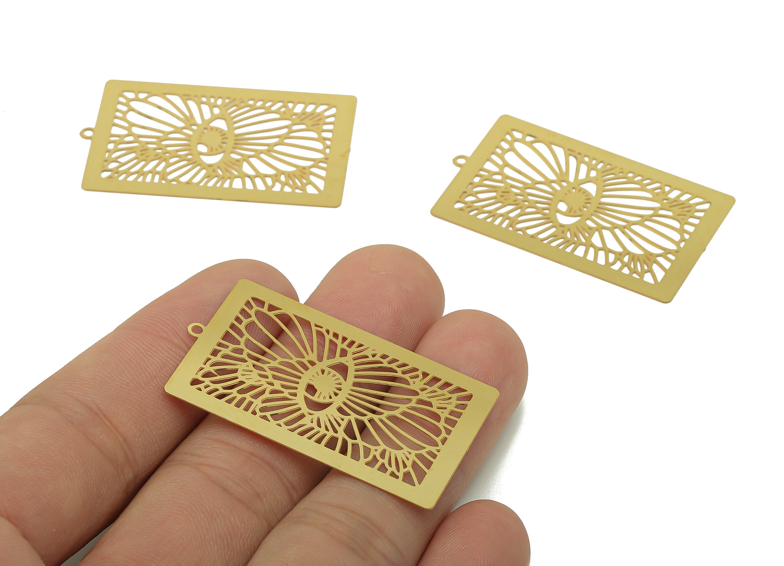 Brass Eye Rectangle Earrings Charm - Raw Brass Eyelash Hollow Earring - Pendant With Loop - Light Thin Charms - 42.3x25.3x0.3mm - JJB7287 - DOMEDBAZAAR