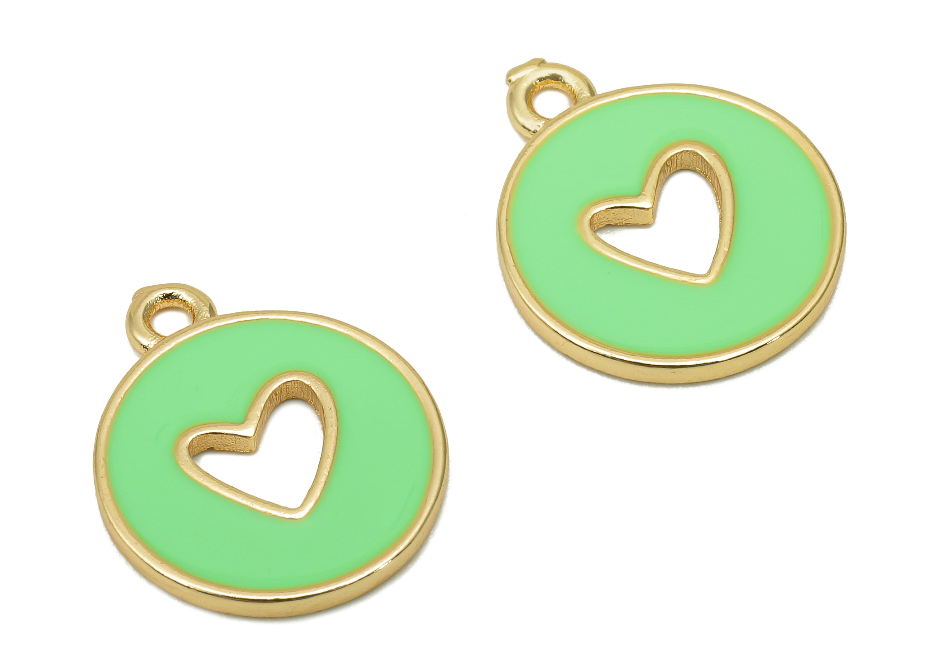 Brass Round Heart Hollow Earring - Light Green Enamel Dot Charm - Circle Pendant With Loop - 18K Real Gold Plating - 18x14.9x1.4mm -RGP5589A - DOMEDBAZAAR