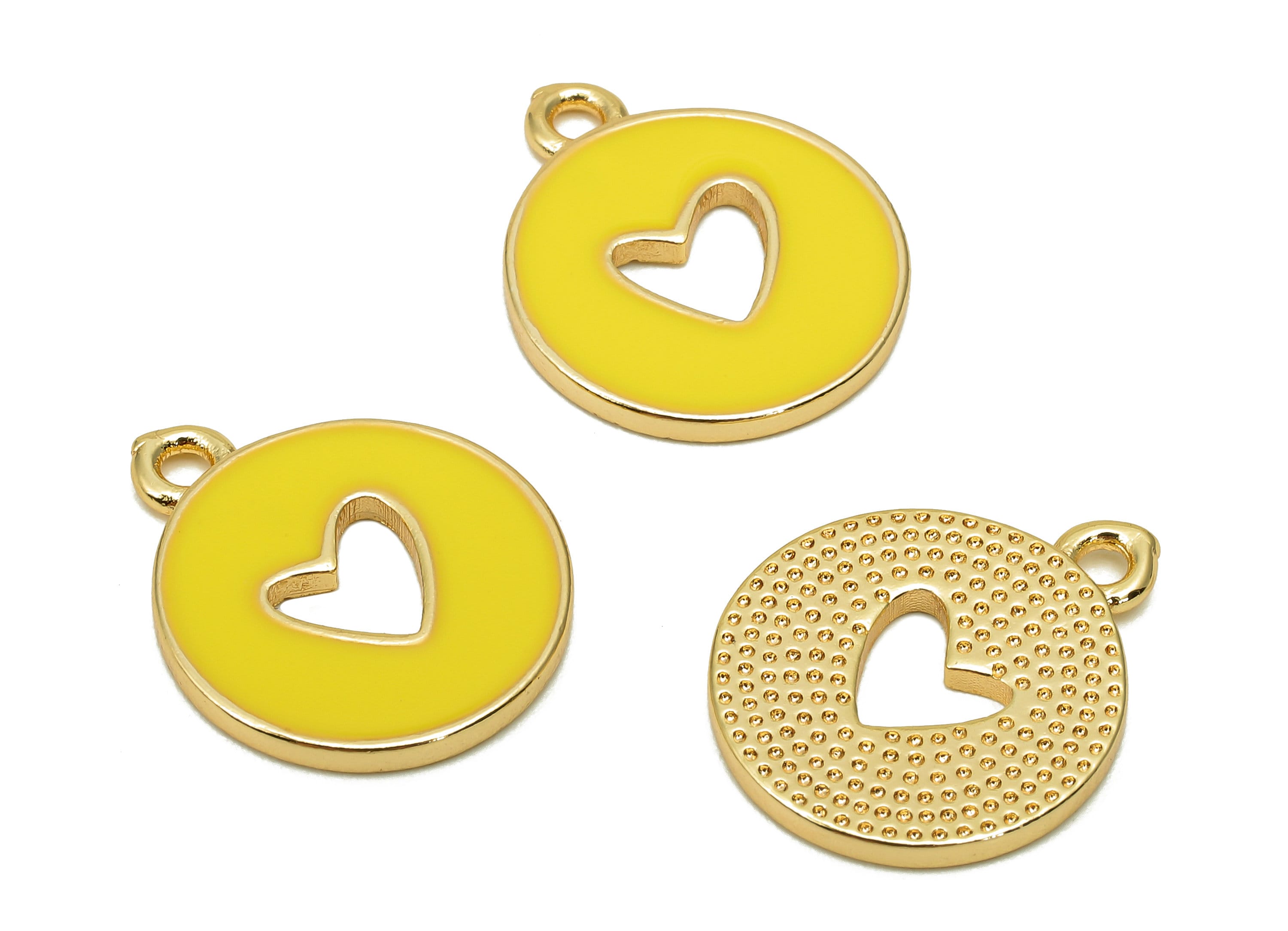 Brass Round Heart Hollow Earring - Light Yellow Enamel Dot Charm - Circle Pendant With Loop - 18K Real Gold Plating - 18x14.9x1.4mm-RGP5589B - DOMEDBAZAAR