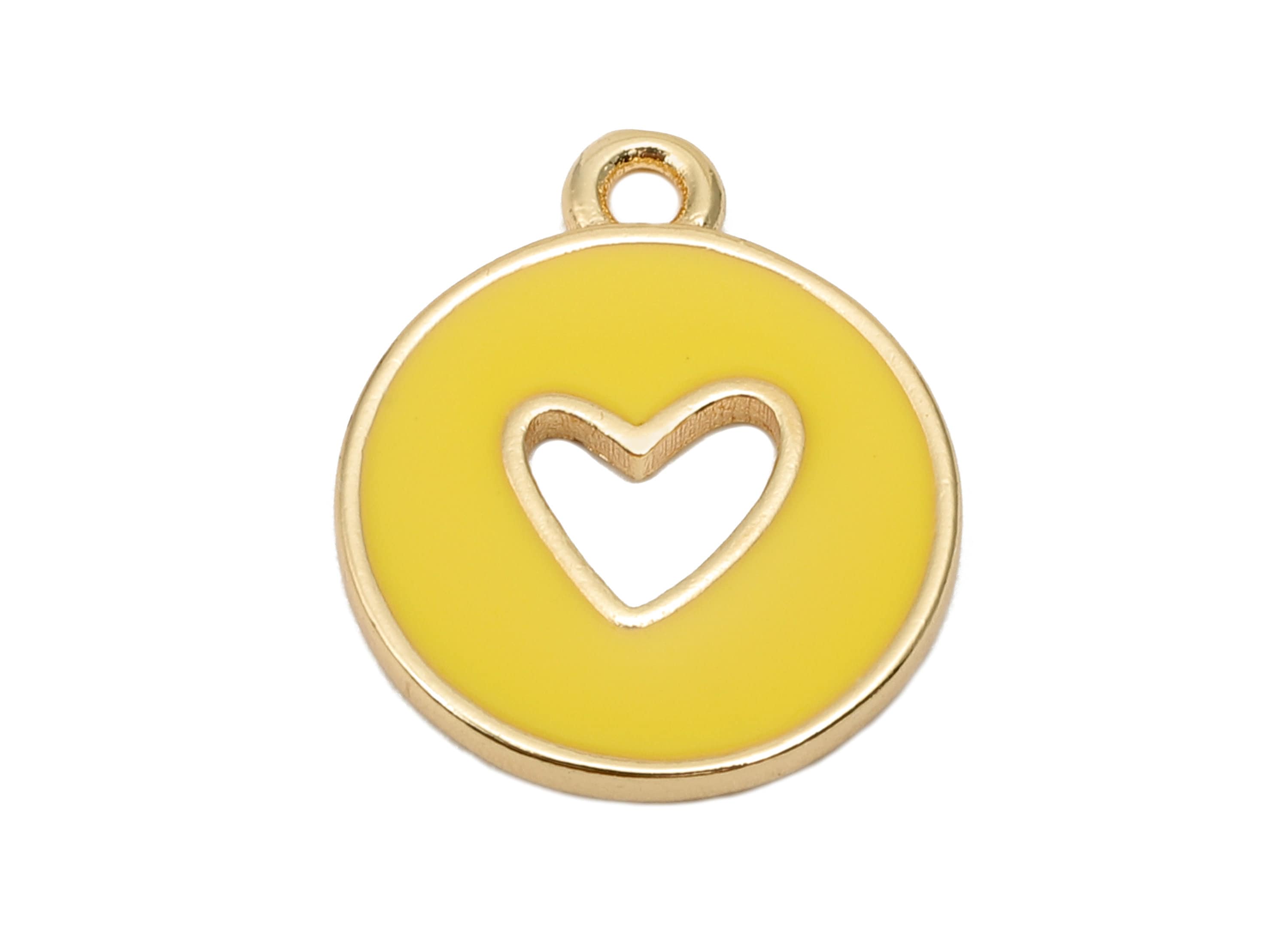 Brass Round Heart Hollow Earring - Light Yellow Enamel Dot Charm - Circle Pendant With Loop - 18K Real Gold Plating - 18x14.9x1.4mm-RGP5589B - DOMEDBAZAAR