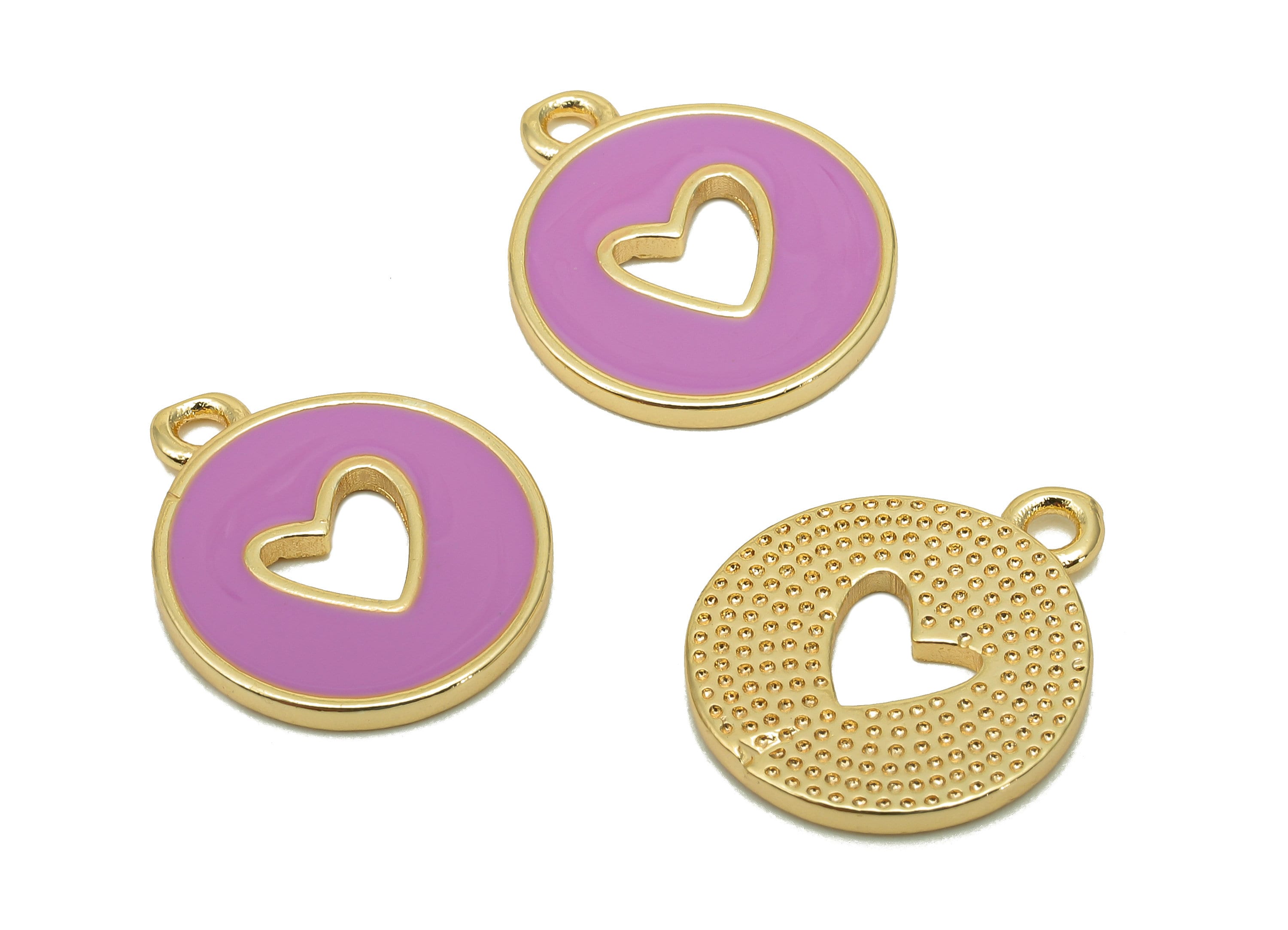 Brass Round Heart Hollow Earring - Light Purple Enamel Dot Charm - Spot Pendant With Loop - 18K Real Gold Plating - 18x14.9x1.4mm - RGP5589C - DOMEDBAZAAR