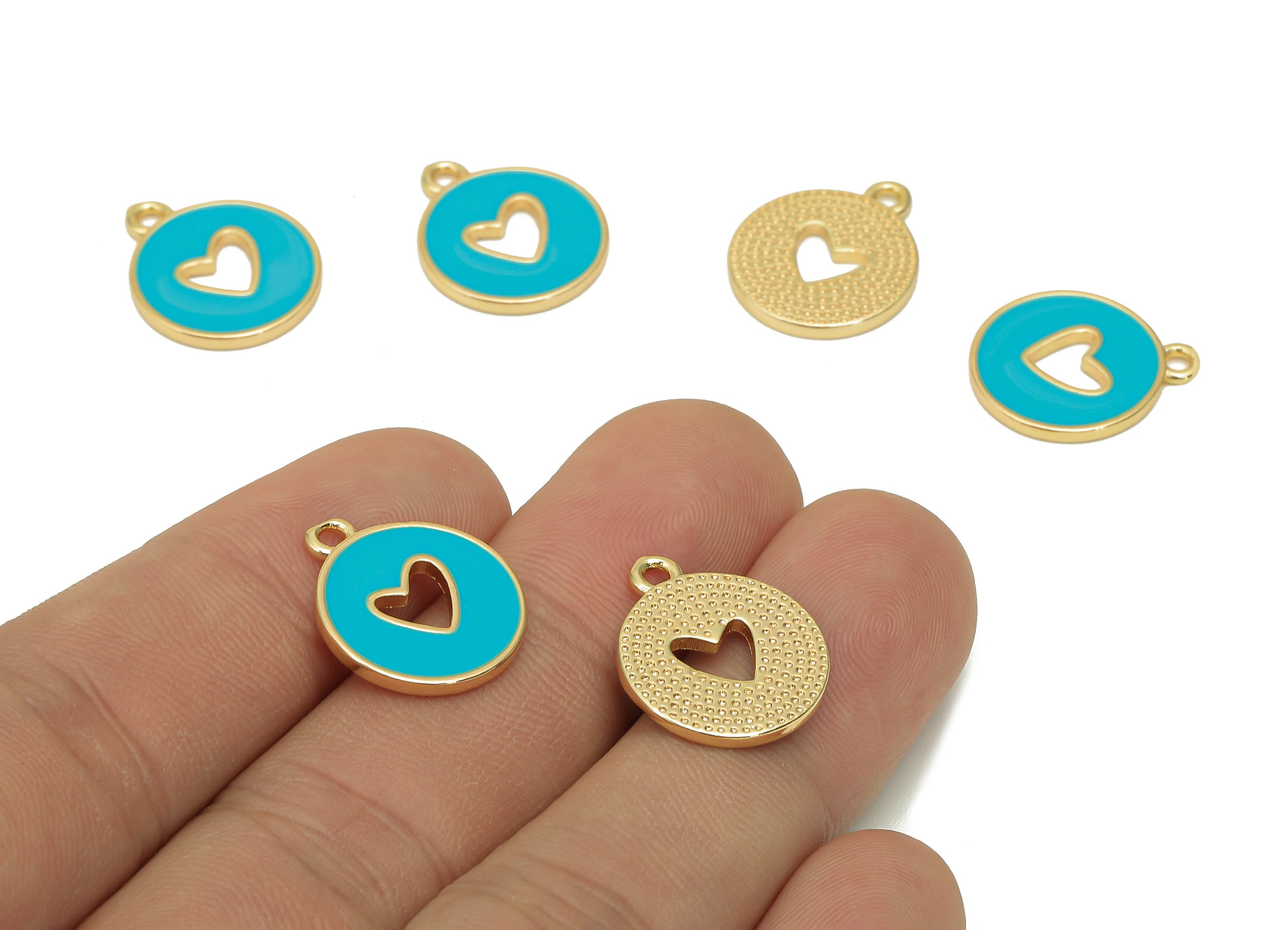 Brass Round Heart Hollow Earring - Light Blue Enamel Dot Charm - Circle Pendant With Loop - 18K Real Gold Plating - 18x14.9x1.4mm - RGP5589E - DOMEDBAZAAR