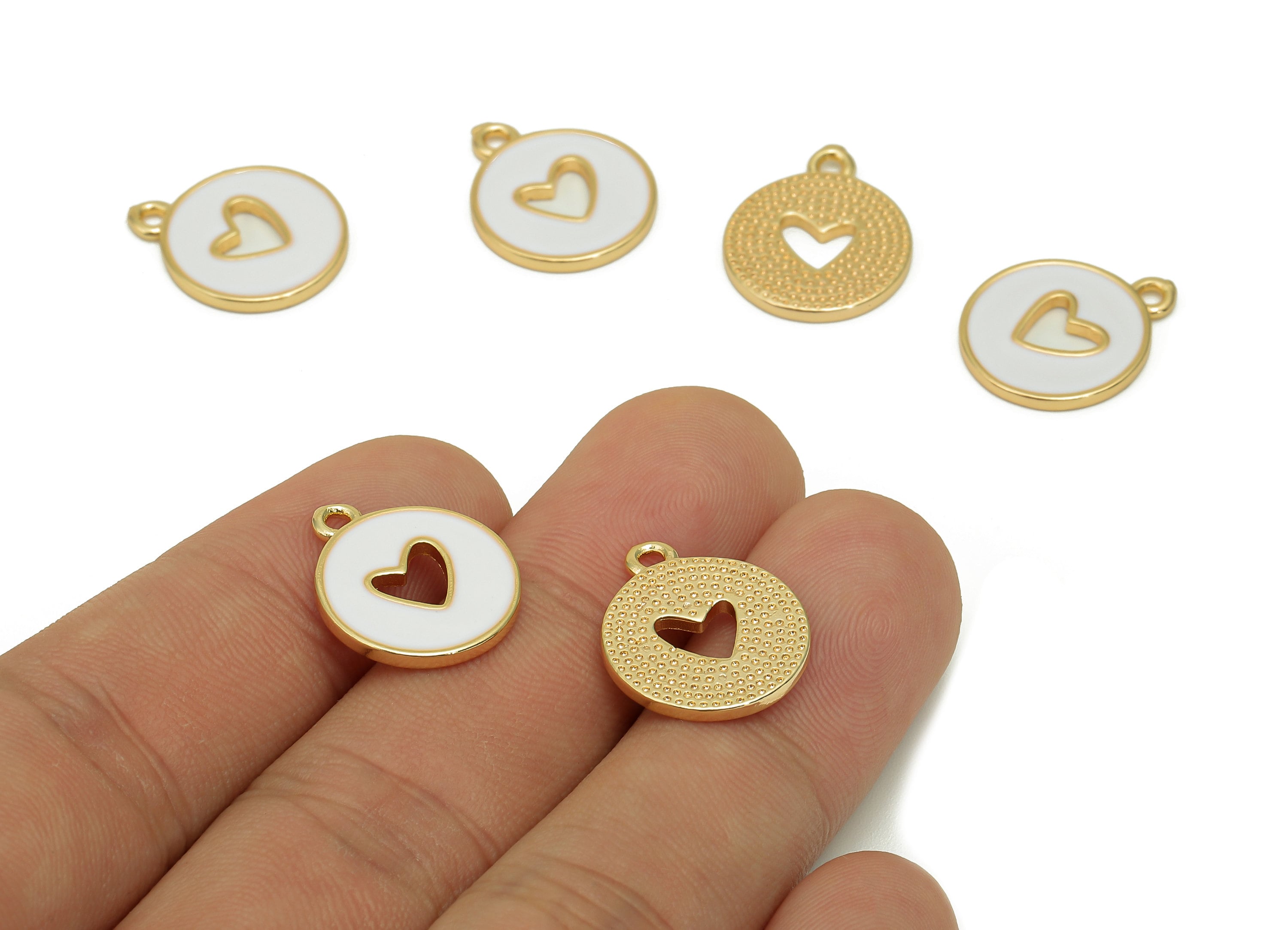 Brass Round Heart Hollow Earring - White Enamel Dot Charm - Circle Spot Pendant With Loop - 18K Real Gold Plating - 18x14.9x1.4mm - RGP5589F - DOMEDBAZAAR