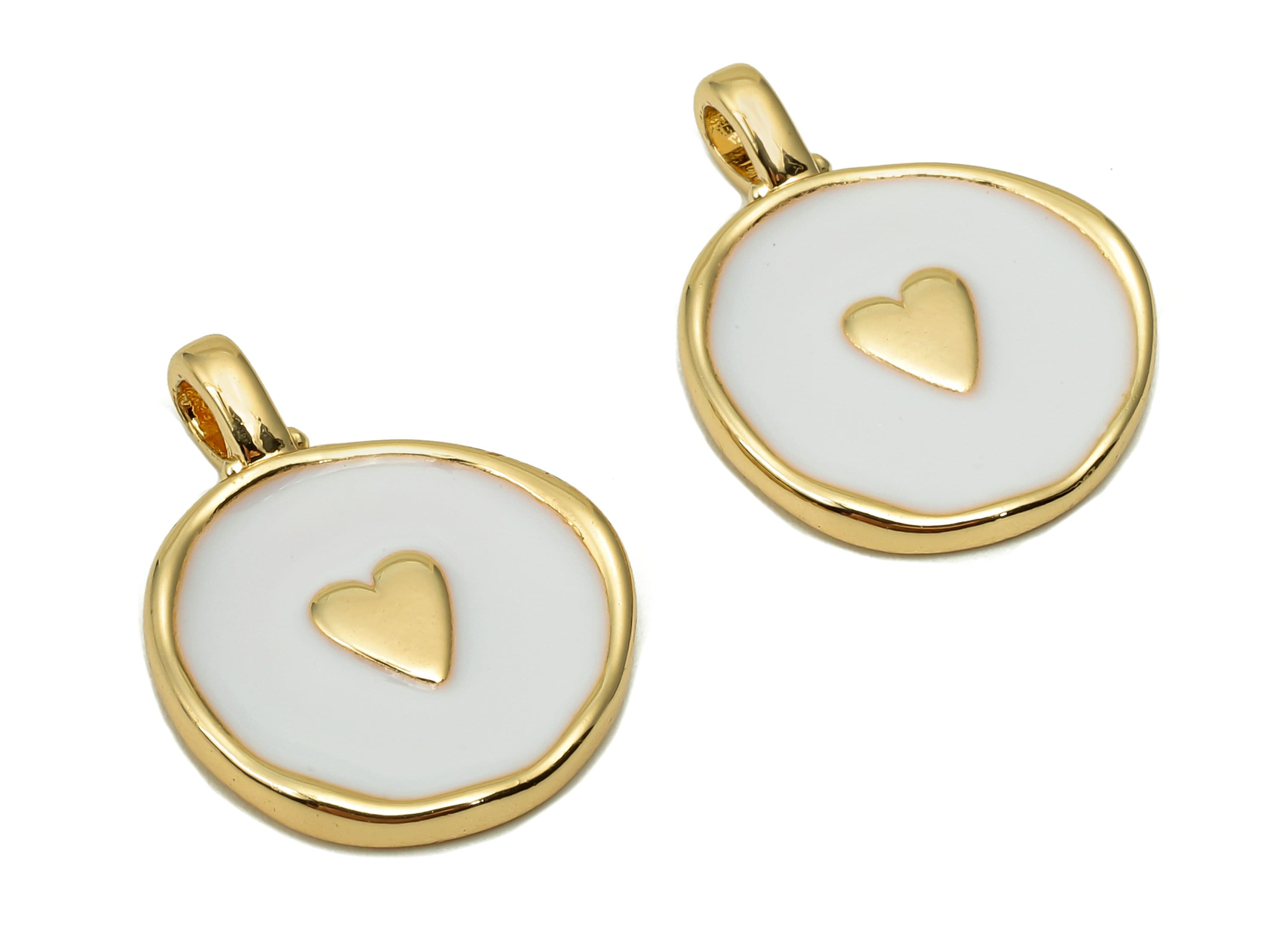 Brass Round Heart Earring - Circle White Enamel Charm - Gold Pendant With Loop - 18K Real Gold Plating - 19.7x15.3x1.8mm - RGP5590A - DOMEDBAZAAR