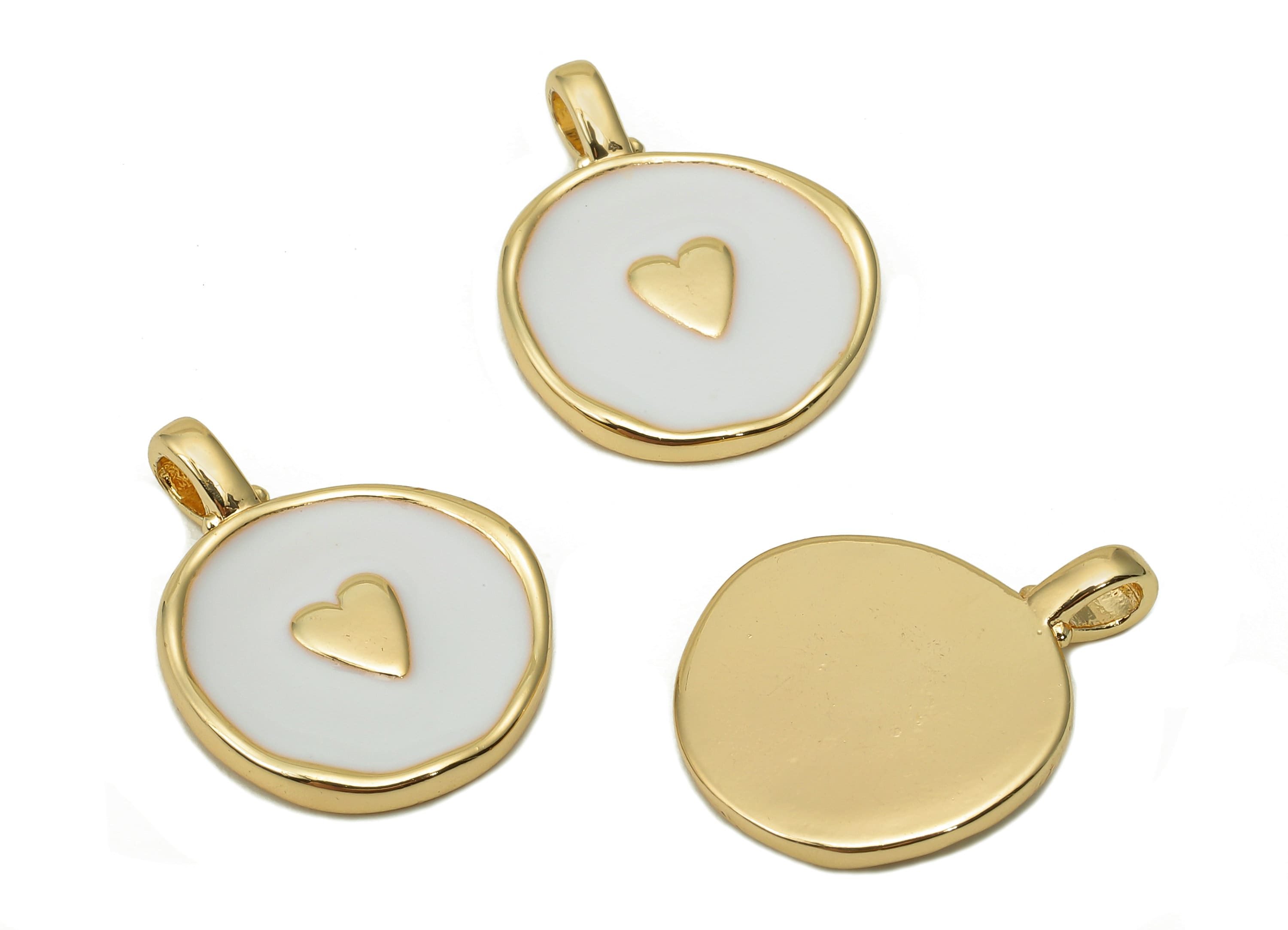 Brass Round Heart Earring - Circle White Enamel Charm - Gold Pendant With Loop - 18K Real Gold Plating - 19.7x15.3x1.8mm - RGP5590A - DOMEDBAZAAR