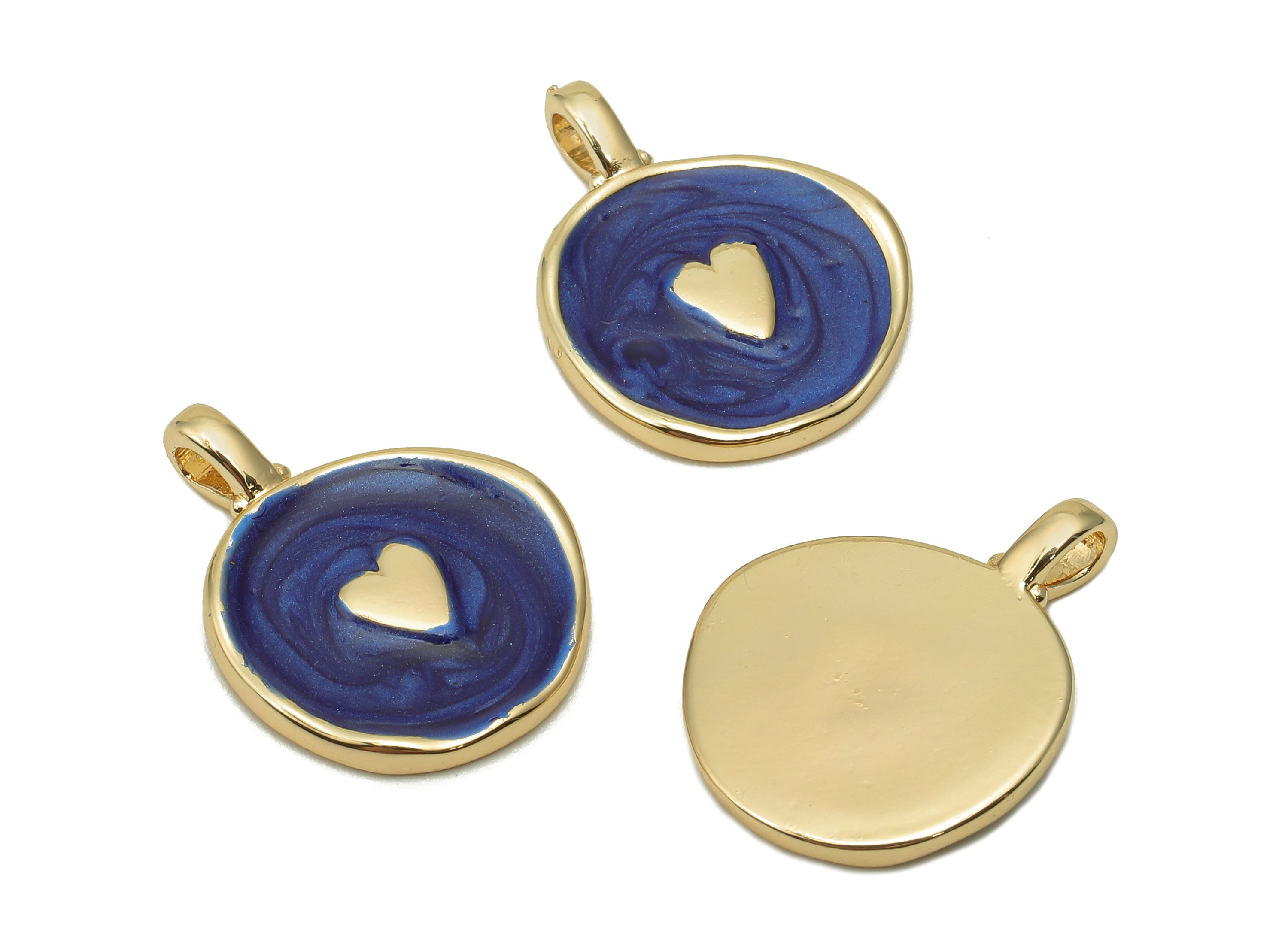 Brass Round Heart Earring - Circle Navy Blue Enamel Charm - Gold Pendant With Loop - 18K Real Gold Plating - 19.7x15.3x1.8mm - RGP5590B - DOMEDBAZAAR
