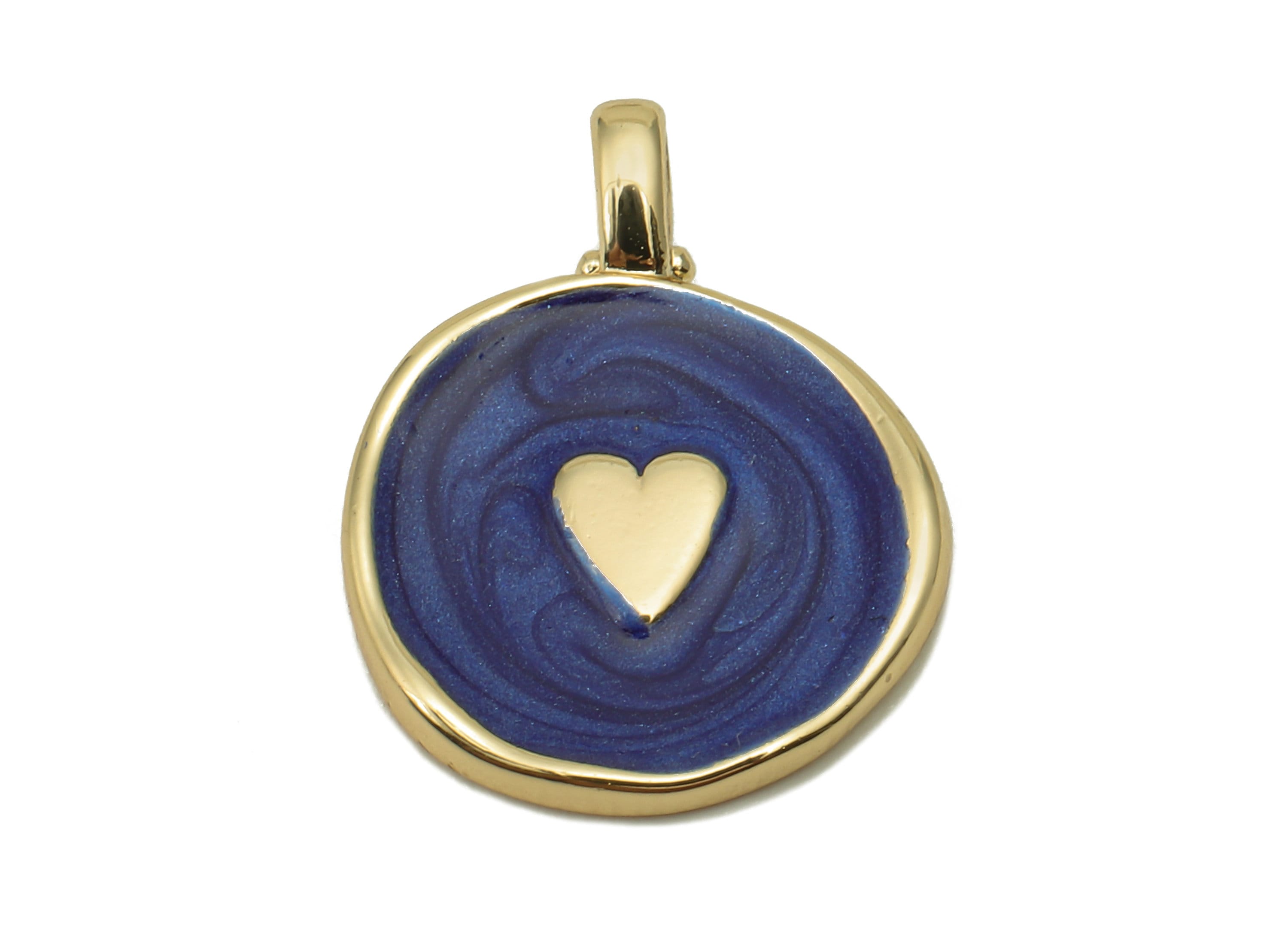 Brass Round Heart Earring - Circle Navy Blue Enamel Charm - Gold Pendant With Loop - 18K Real Gold Plating - 19.7x15.3x1.8mm - RGP5590B - DOMEDBAZAAR