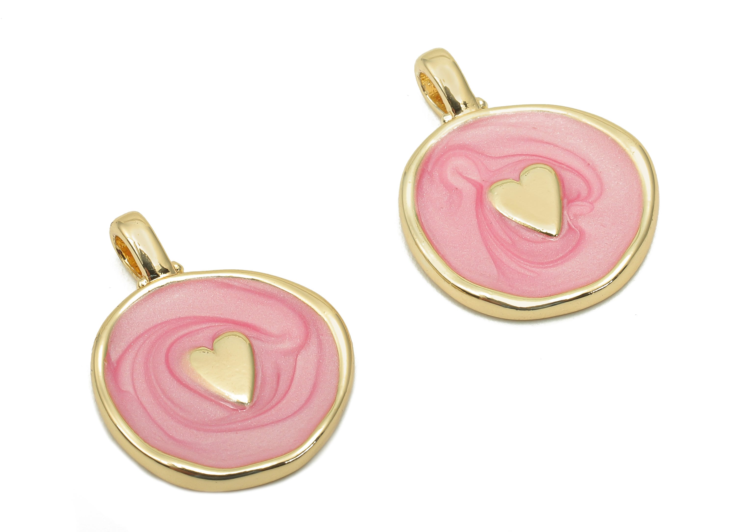 Brass Round Heart Earring - Circle Light Pink Enamel Charm - Gold Pendant With Loop - 18K Real Gold Plating - 19.7x15.3x1.8mm - RGP5590C - DOMEDBAZAAR