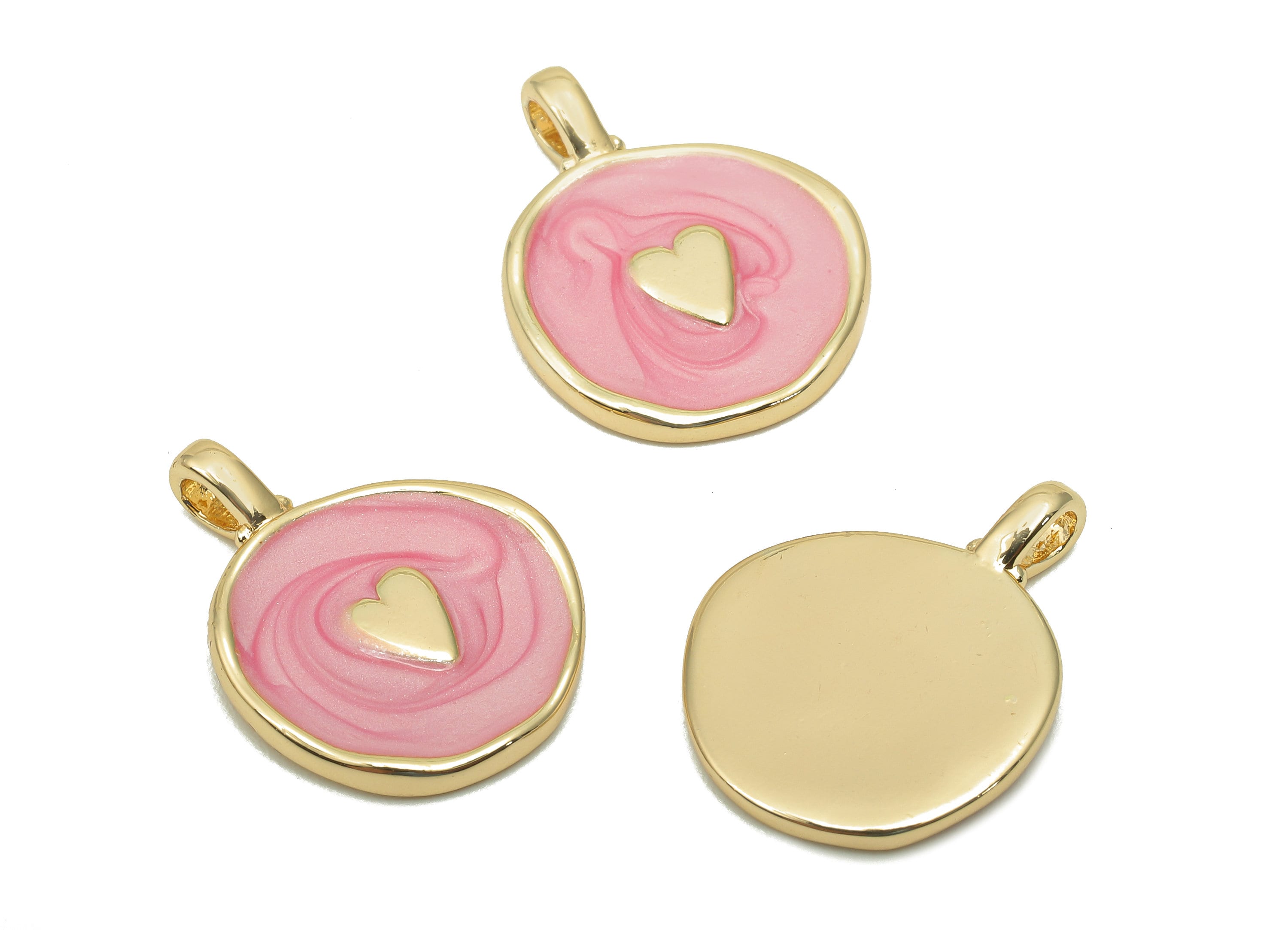 Brass Round Heart Earring - Circle Light Pink Enamel Charm - Gold Pendant With Loop - 18K Real Gold Plating - 19.7x15.3x1.8mm - RGP5590C - DOMEDBAZAAR