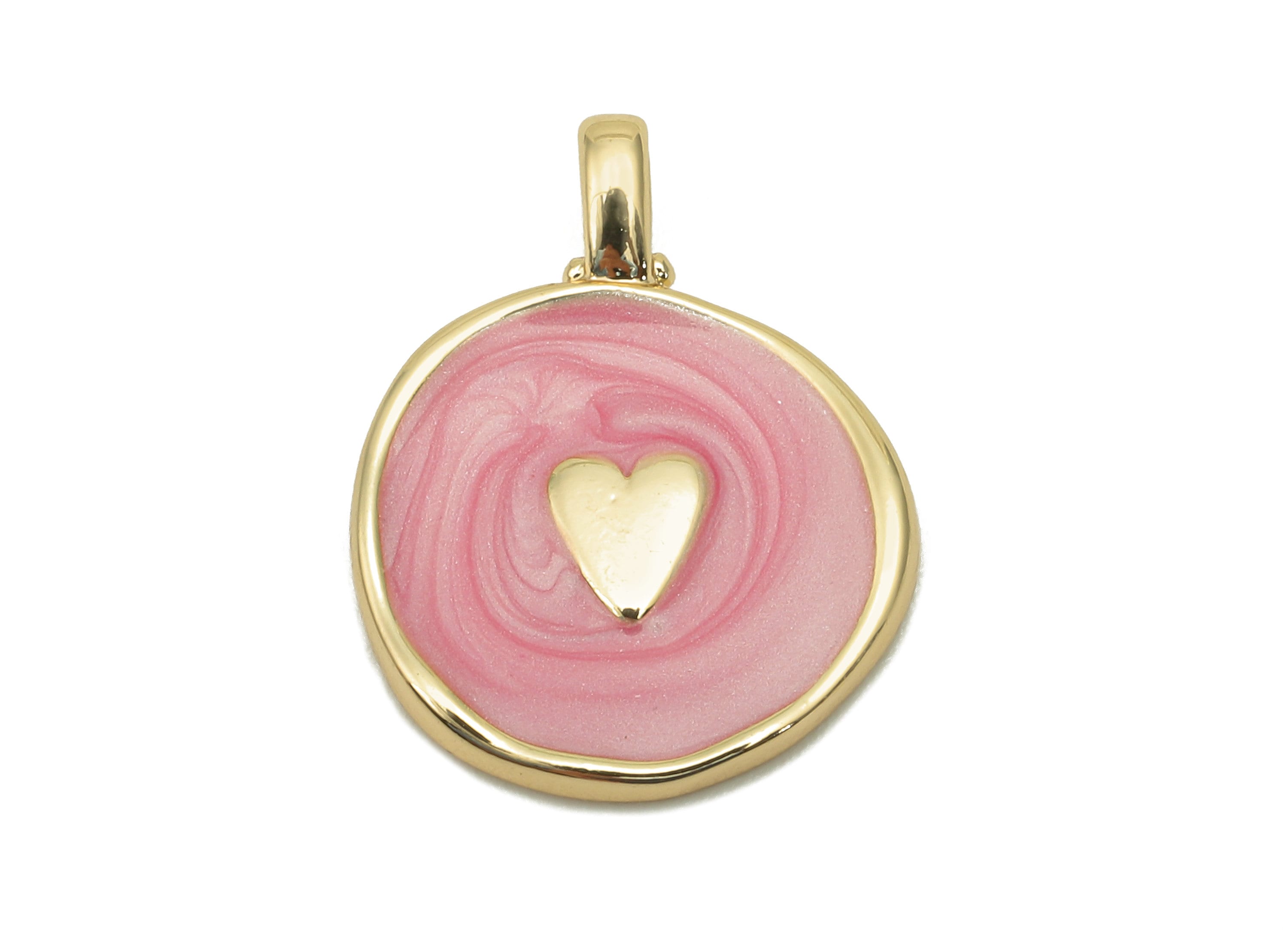 Brass Round Heart Earring - Circle Light Pink Enamel Charm - Gold Pendant With Loop - 18K Real Gold Plating - 19.7x15.3x1.8mm - RGP5590C - DOMEDBAZAAR