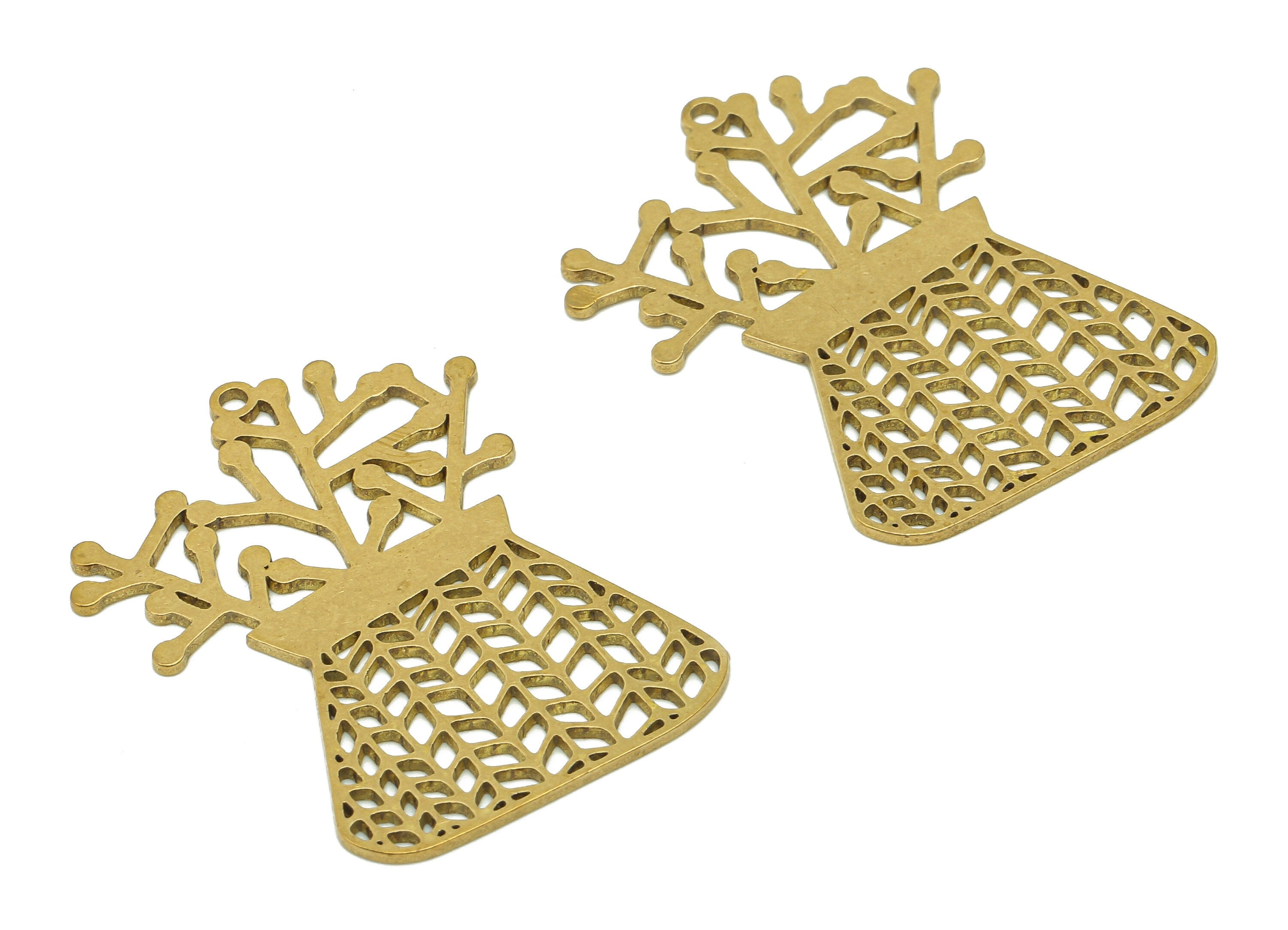 Brass Mat Flower Pot Earring - Raw Brass Hollow Earring Charm - Botanical Pendant With Loop - Trapezoid Pot Charm - 37.4x26.8x0.9mm -PPA6344 - DOMEDBAZAAR