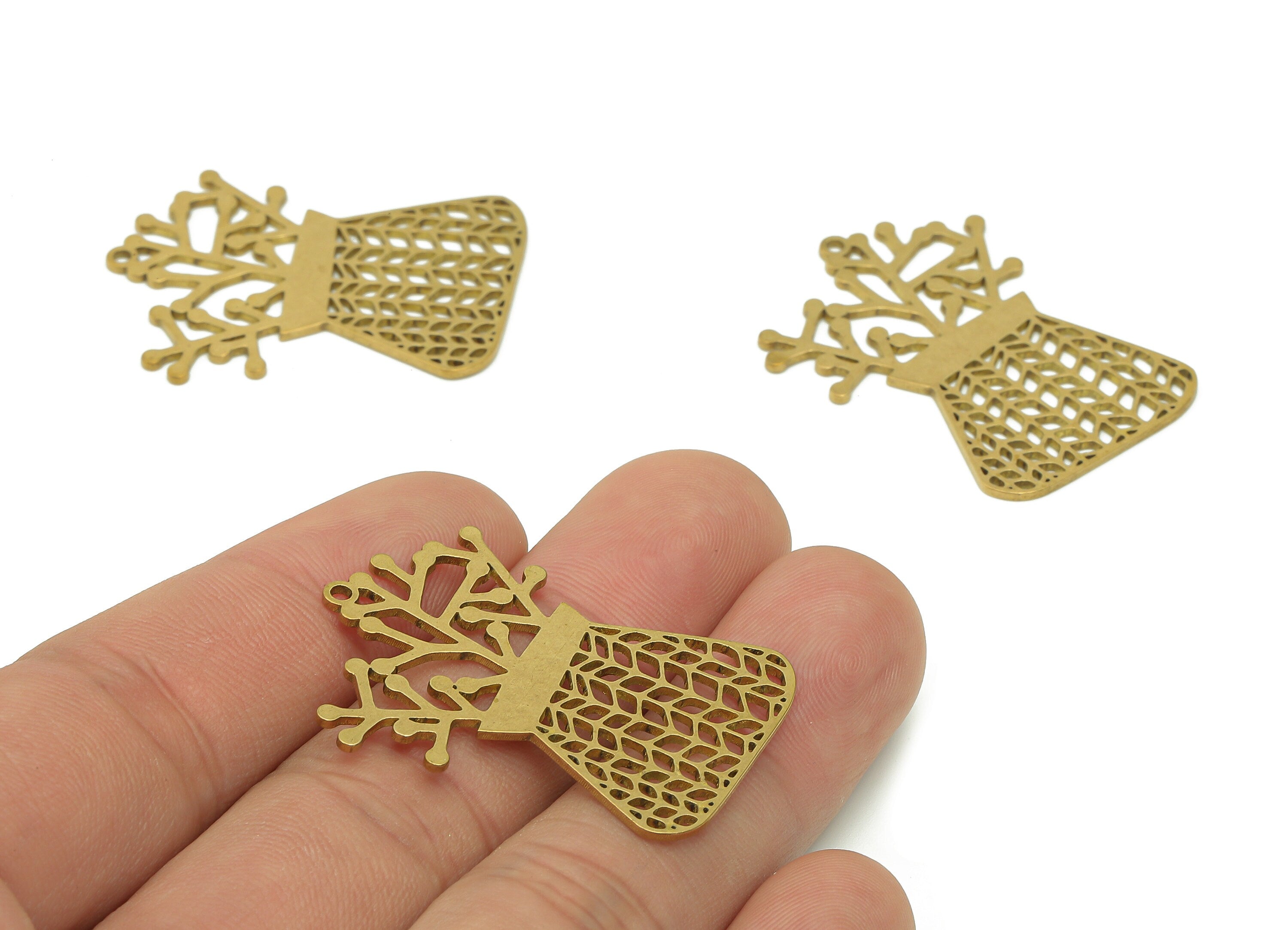 Brass Mat Flower Pot Earring - Raw Brass Hollow Earring Charm - Botanical Pendant With Loop - Trapezoid Pot Charm - 37.4x26.8x0.9mm -PPA6344 - DOMEDBAZAAR
