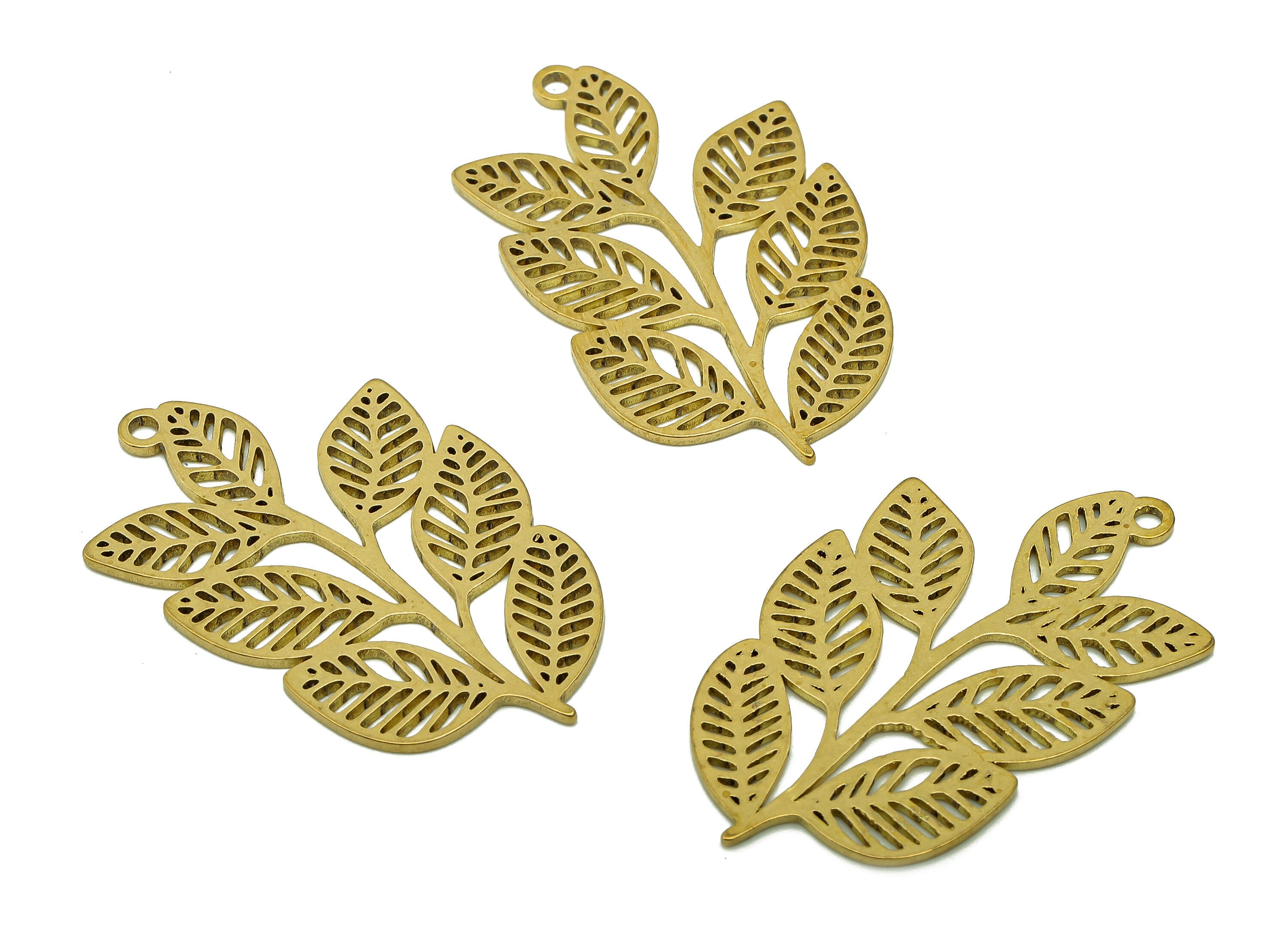 Brass Leaves Earring Charms - Raw Brass Plant Earring - Botanical Pendant With Loop - Leaf Branch Charm - 35.9x21.6x0.9mm - PPA6345B - DOMEDBAZAAR