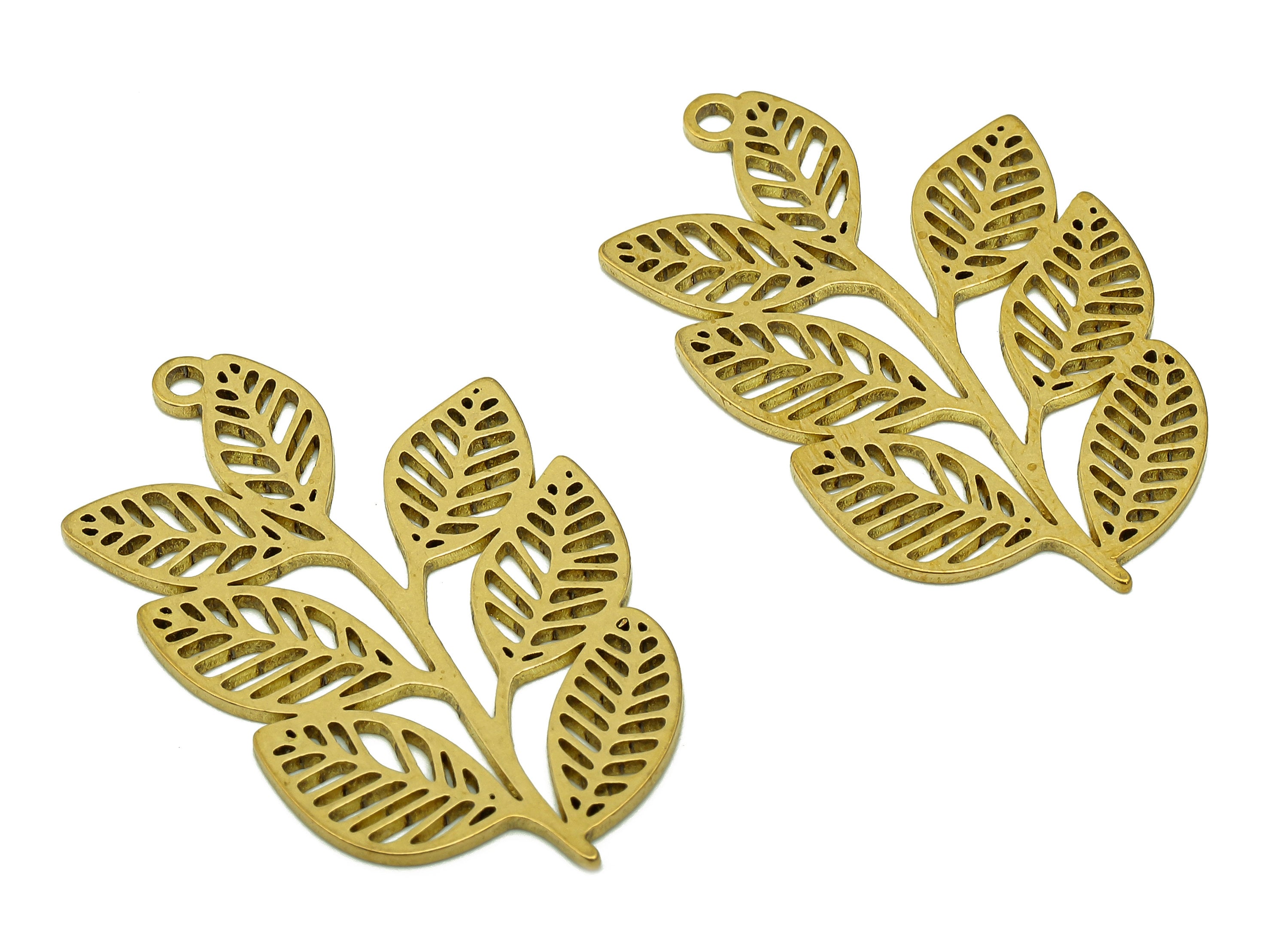 Brass Leaves Earring Charms - Raw Brass Plant Earring - Botanical Pendant With Loop - Leaf Branch Charm - 35.9x21.6x0.9mm - PPA6345B - DOMEDBAZAAR