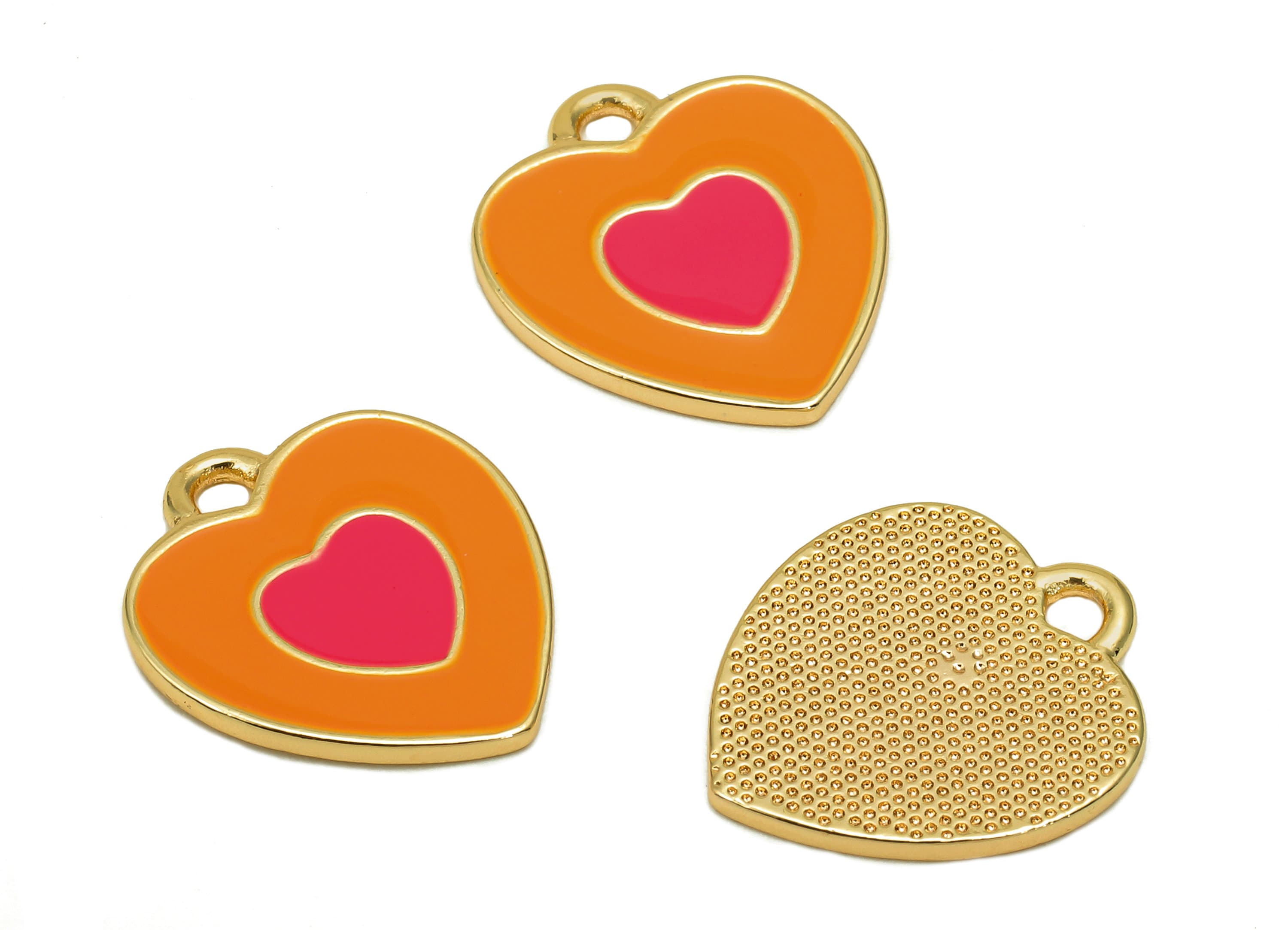 Brass Dot Heart Earring - Orange & Pink Enamel Heart Charm - Spot Heart Pendant With Loop - 18K Real Gold Plating - 17x14.8x1.3mm - RGP5591A - DOMEDBAZAAR