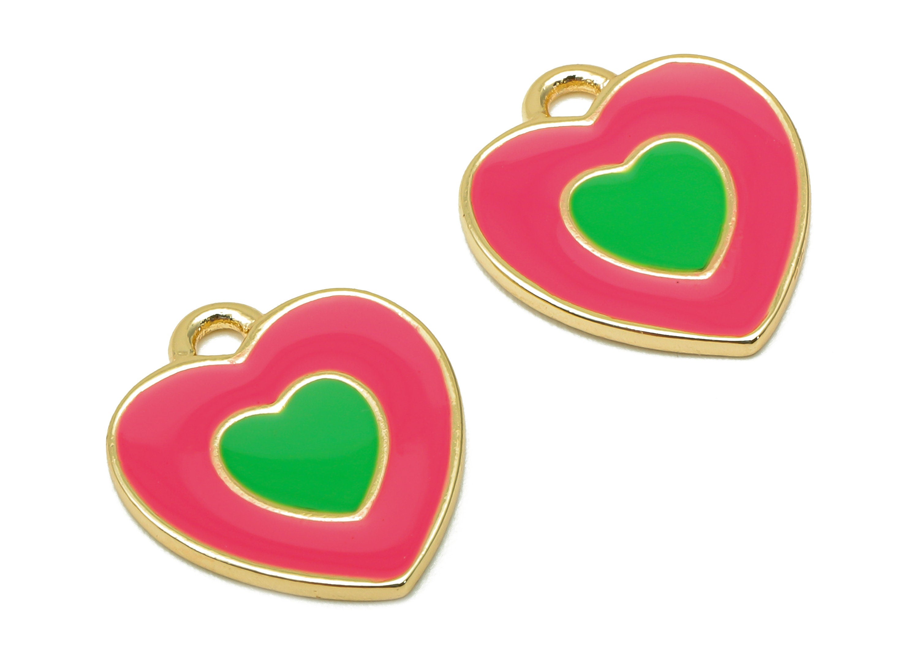 Brass Dot Heart Earring - Red & Green Enamel Heart Charm - Spot Heart Pendant With Loop - 18K Real Gold Plating - 17x14.8x1.3mm - RGP5591C - DOMEDBAZAAR