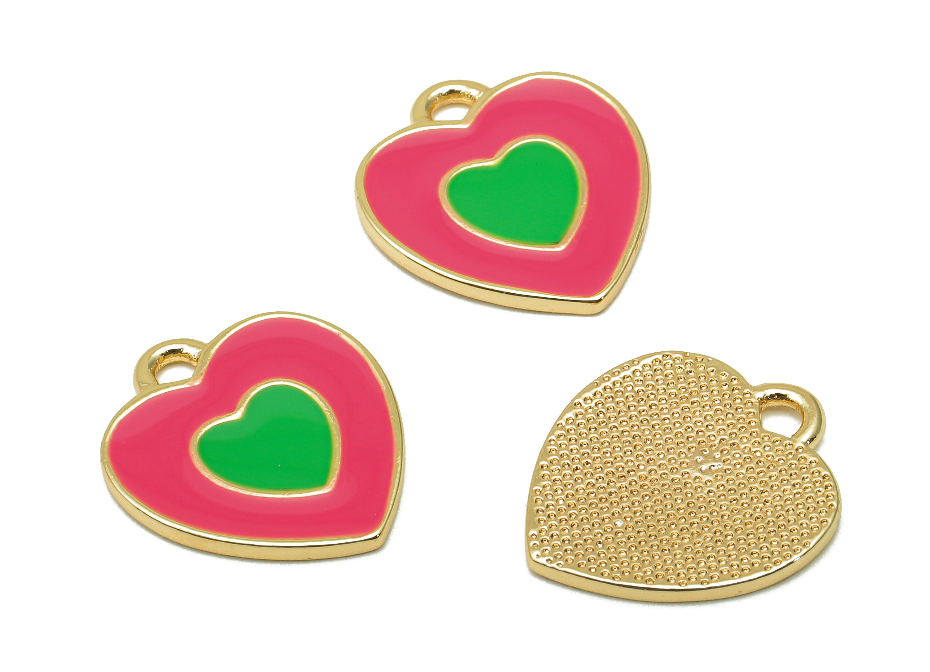 Brass Dot Heart Earring - Red & Green Enamel Heart Charm - Spot Heart Pendant With Loop - 18K Real Gold Plating - 17x14.8x1.3mm - RGP5591C - DOMEDBAZAAR