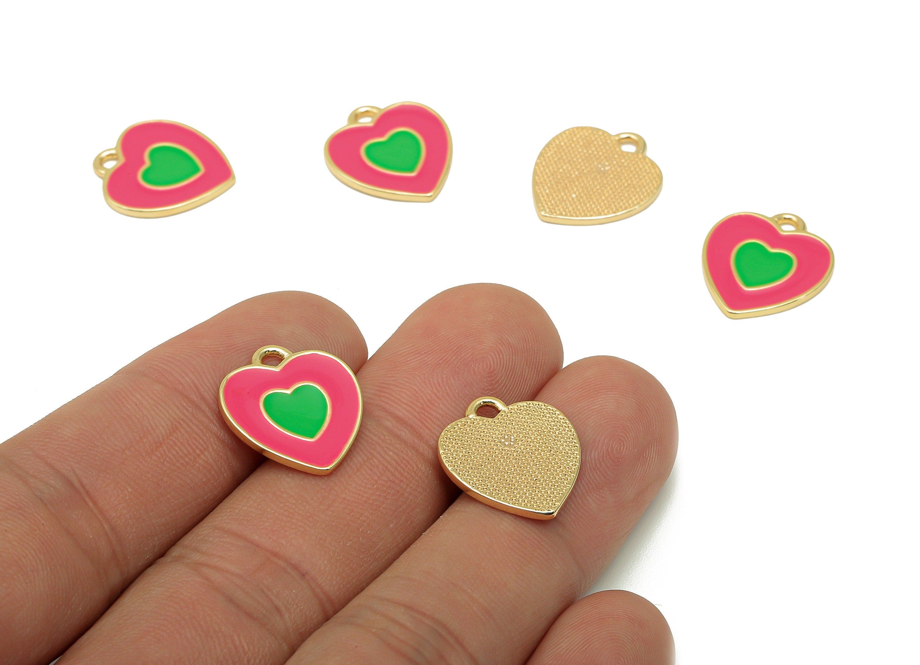 Brass Dot Heart Earring - Red & Green Enamel Heart Charm - Spot Heart Pendant With Loop - 18K Real Gold Plating - 17x14.8x1.3mm - RGP5591C - DOMEDBAZAAR