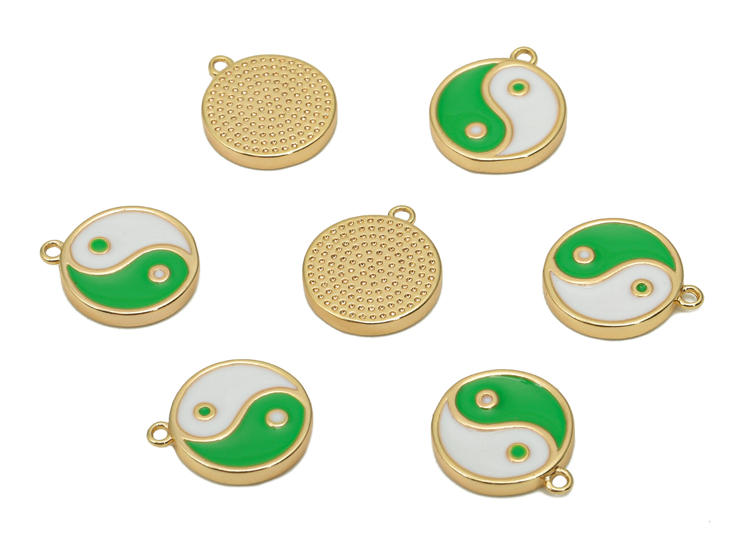 Brass Mini Round Dot Earring - White & Green Enamel Charm - Yin and Yang Pendant With Loop - 18K Real Gold Plating -11.8x10.1x1.7mm-RGP5592A - DOMEDBAZAAR