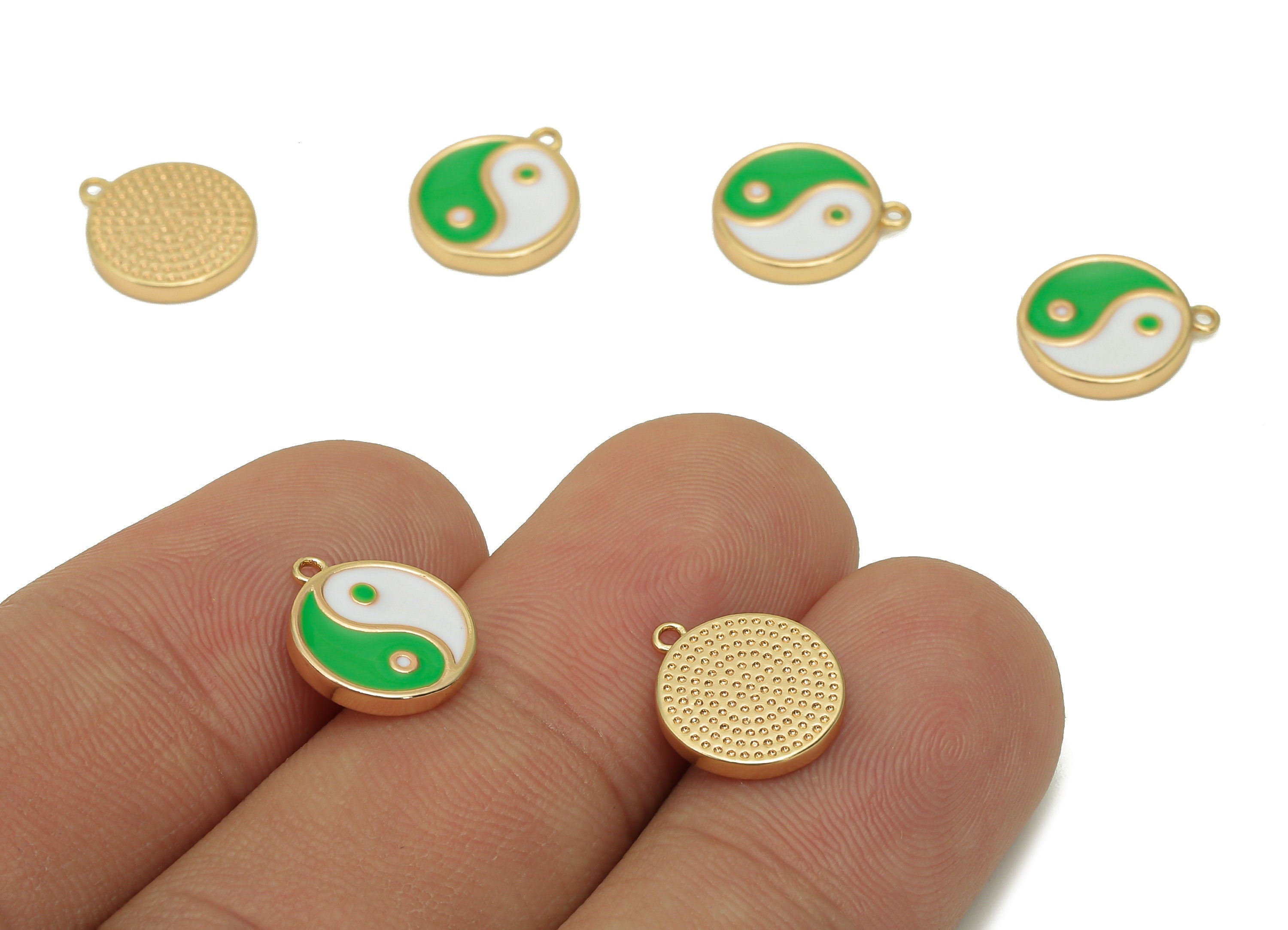 Brass Mini Round Dot Earring - White & Green Enamel Charm - Yin and Yang Pendant With Loop - 18K Real Gold Plating -11.8x10.1x1.7mm-RGP5592A - DOMEDBAZAAR