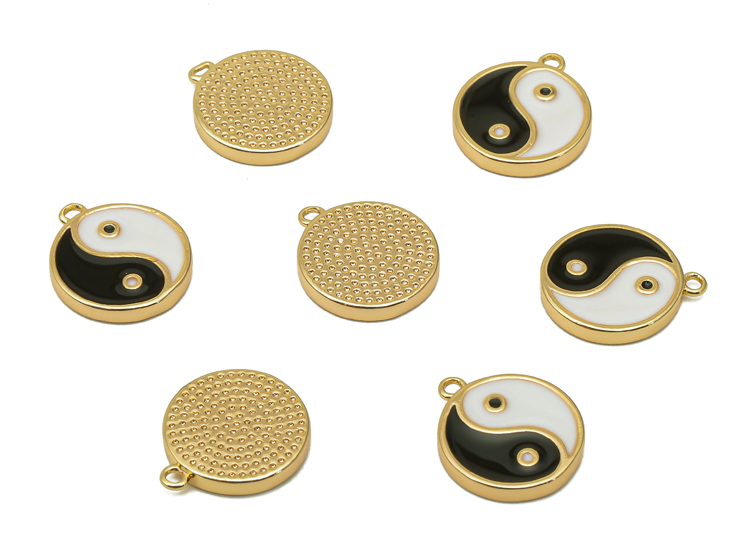 Brass Mini Round Dot Earring - White & Black Enamel Charm - Yin and Yang Pendant With Loop - 18K Real Gold Plating -11.8x10.1x1.7mm-RGP5592C - DOMEDBAZAAR