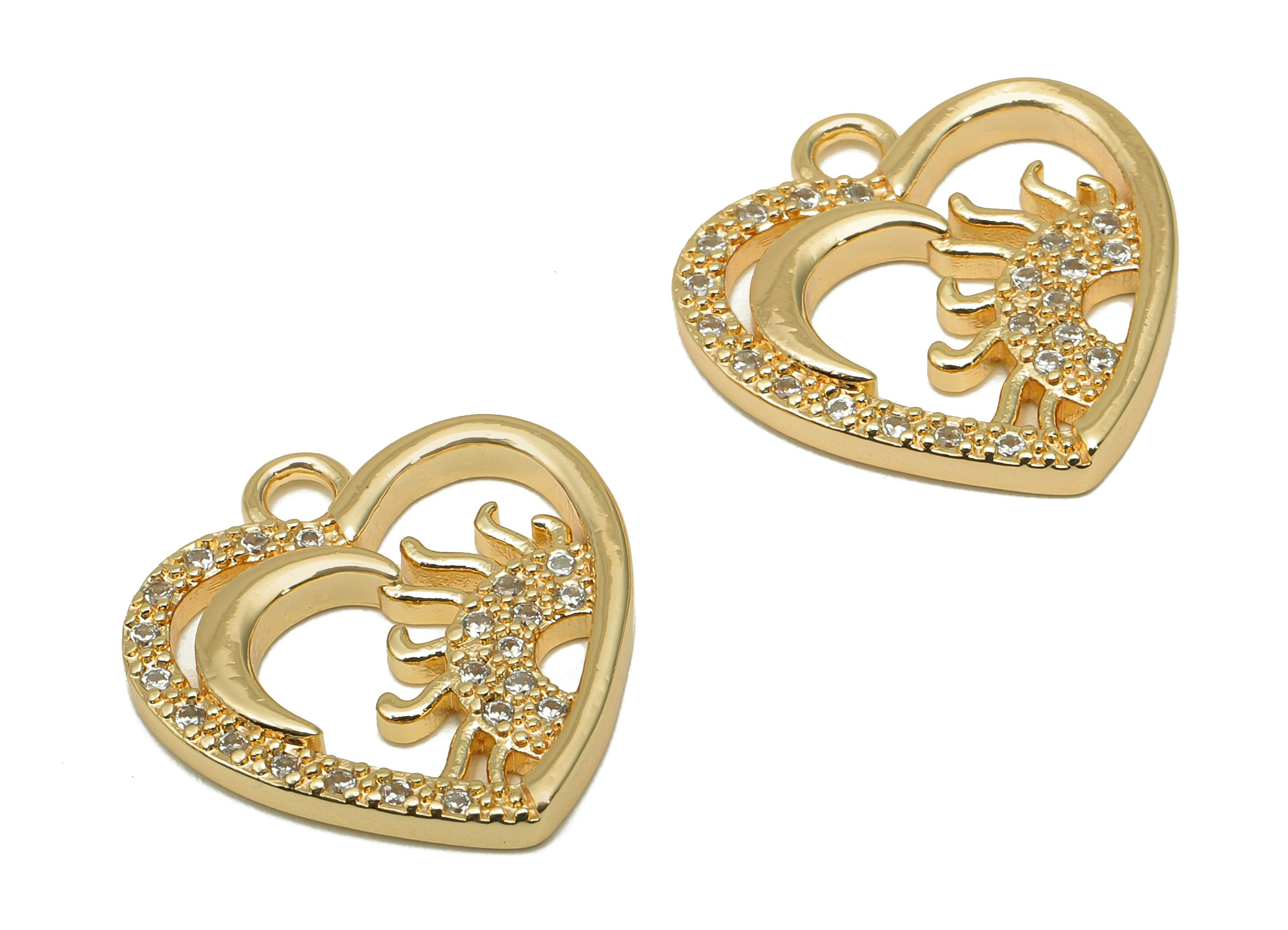 Brass Crescent Heart Earring Charm - Zircon Sun Dots Earring - Spot Heart Pendant With Loop - 18K Real Gold Plating - 17.9x17x2.1mm-RGP5594 - DOMEDBAZAAR